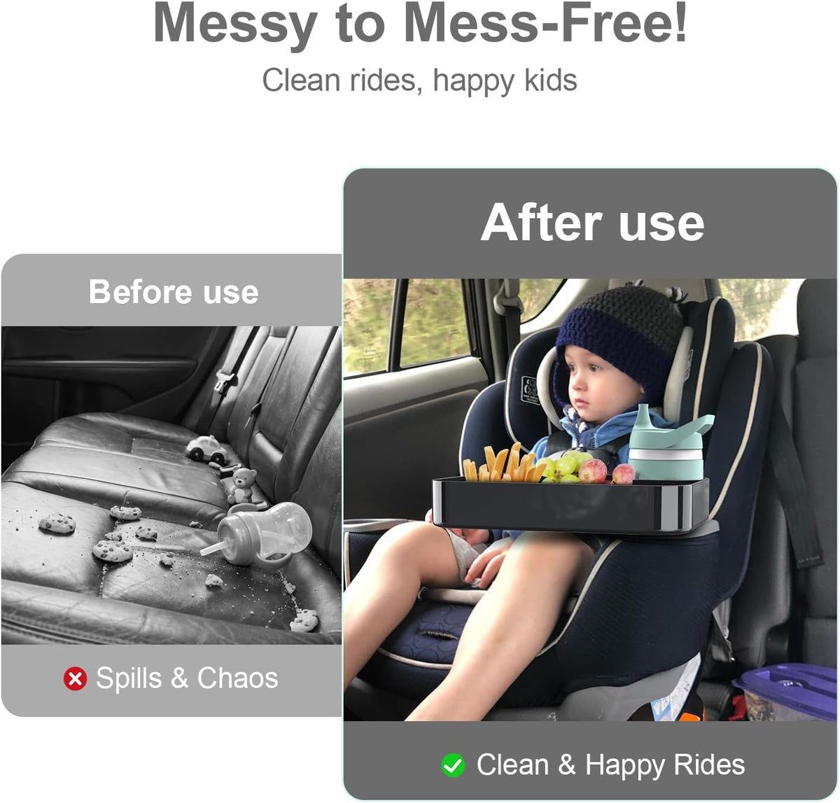 Car Seat Snack Tray for Toddlers - 3 Inch Cup Holder Fits Most Sippy Cups & Straw Bottles with Dip Well, Mess-Free Square Kids Travel Tray Road Trip Essentials, Black