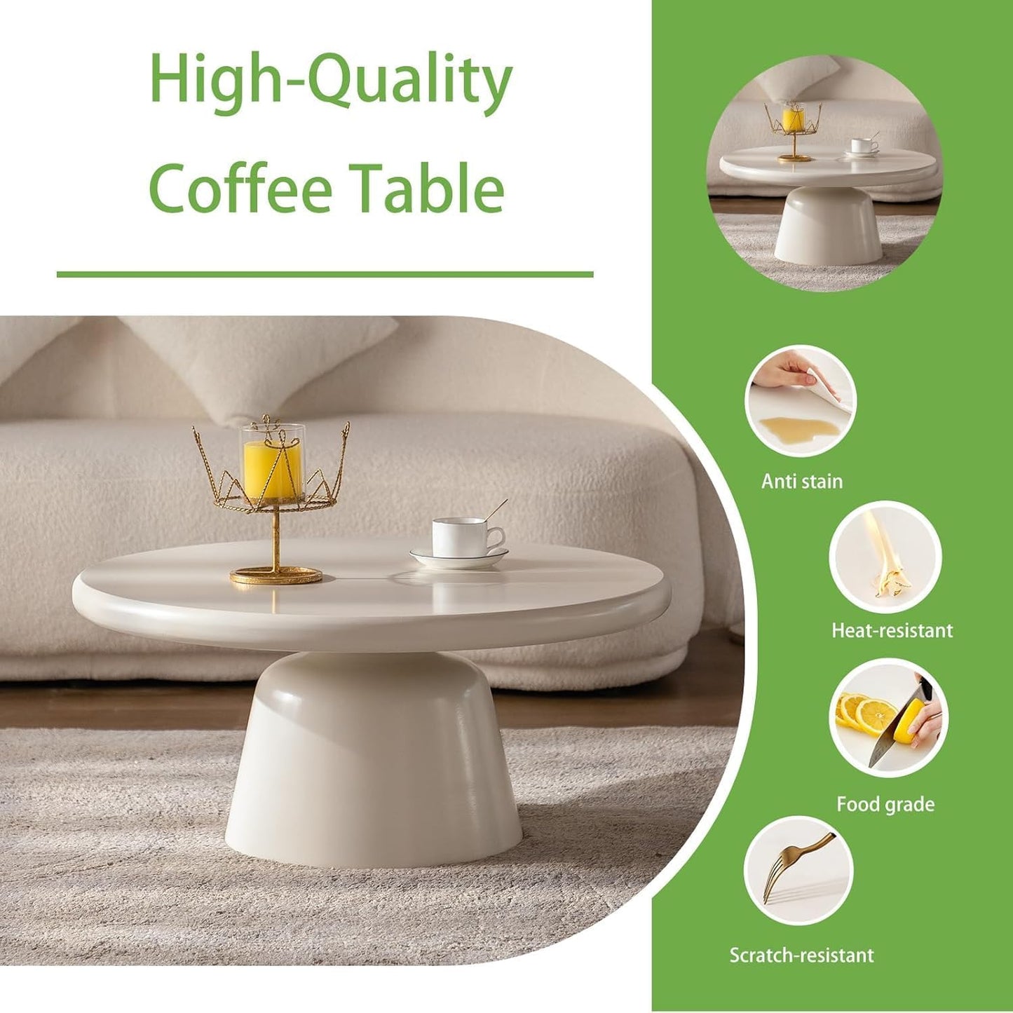 White Round Coffee Table (White 31in) | Cream Irregular Coffee Tables, Unique Pedestal Funky Cute Center with Large Tabletop & Legs, Irregular circular Coffee Table
