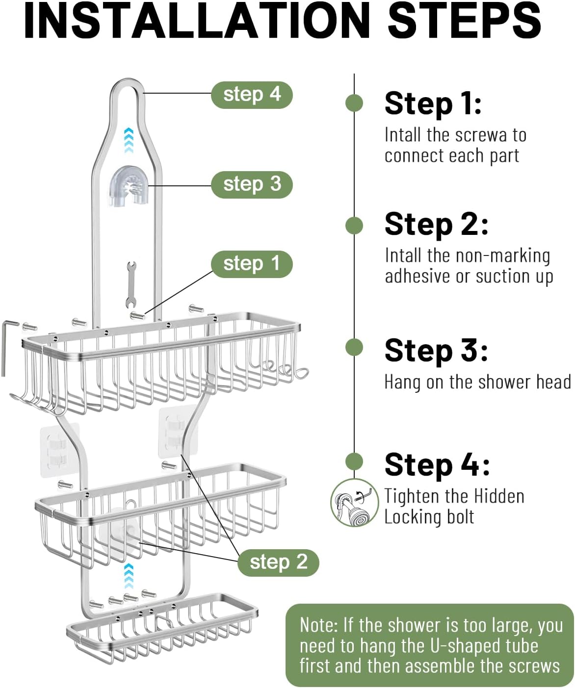 Shower Caddy Hanging - Never Rust Shower Hanging Organizer - Aluminum Over the ShowerHead Caddy with 6 Hooks for Razor/Sponge (Silver)