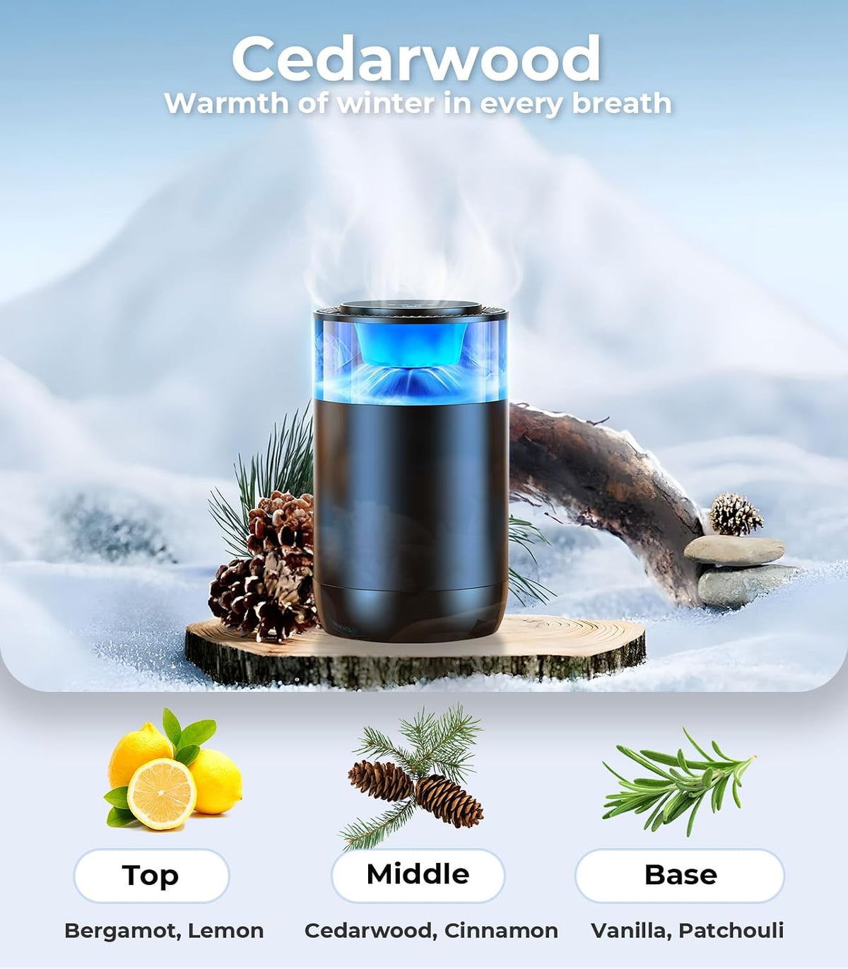 Hitolza Smart Car Air Fresheners, Ambient Light & Mist Fragrance, Auto On/Off Car Air Freshener Diffuser, Adjustable Intensity, Lasts 6 Months, Built-in Battery, Premium Scents Refill X2 - Cedarwood