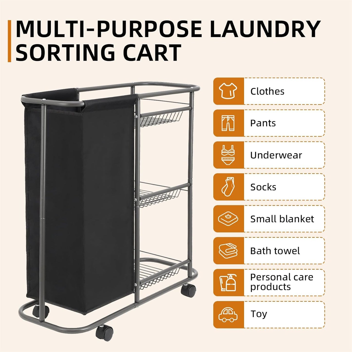 Rolling Laundry Cart with Wheels: 3-Tier Laundry Caddy Between Washer and Dryer - Heavy Duty Wrapping Paper Cart with 45L Bag for Narrow Space Laundry Room Bathroom Bedroom Black