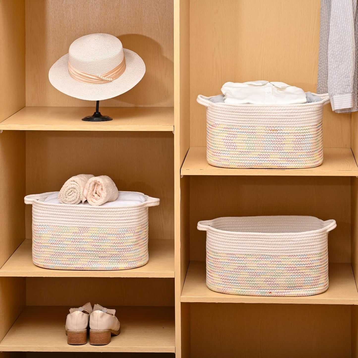 DUHEL Cotton Rope Woven Storage Basket(White&Colored Stitching-3Pcs) | Used for Baby Hamper Toy Organizer, Gift Baskets Empty,Kids,Baby,nursery. Size 15x10x8.7 Inches.