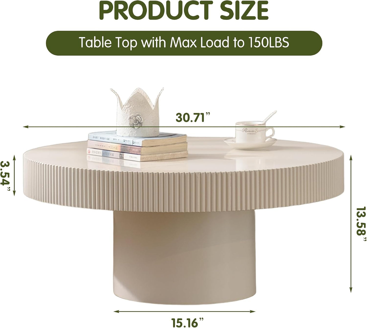 White Round Fluted Coffee Table for Living Room (Ivory White Thin Desktop) | Relief Edges, Circular Drum Coffee Table, for Office Outdoor
