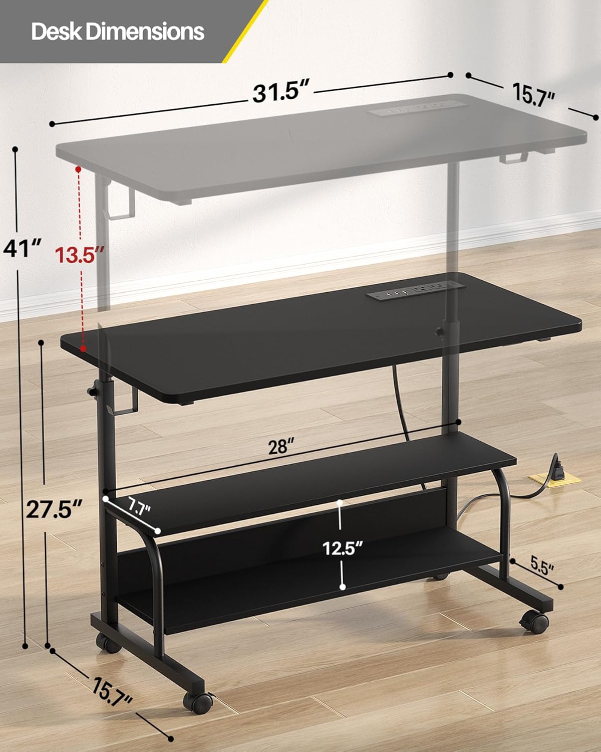 Armocity Rolling Standing Desk with Charging Station, Portable Height Adjustable Mobile Computer Desk with Wheels & 2-Tier Shelves & Hooks, Easy Assembly Laptop Table for Couch Bed, 32" Black