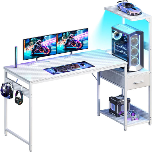 Casaottima 54'' Gaming Desk with LED Lights & CPU Stand, Reversible Computer Desk with Storage Shelves & Fabric Drawer, Modern PC Gamer Table with Headphone Hook, Carbon Fiber White