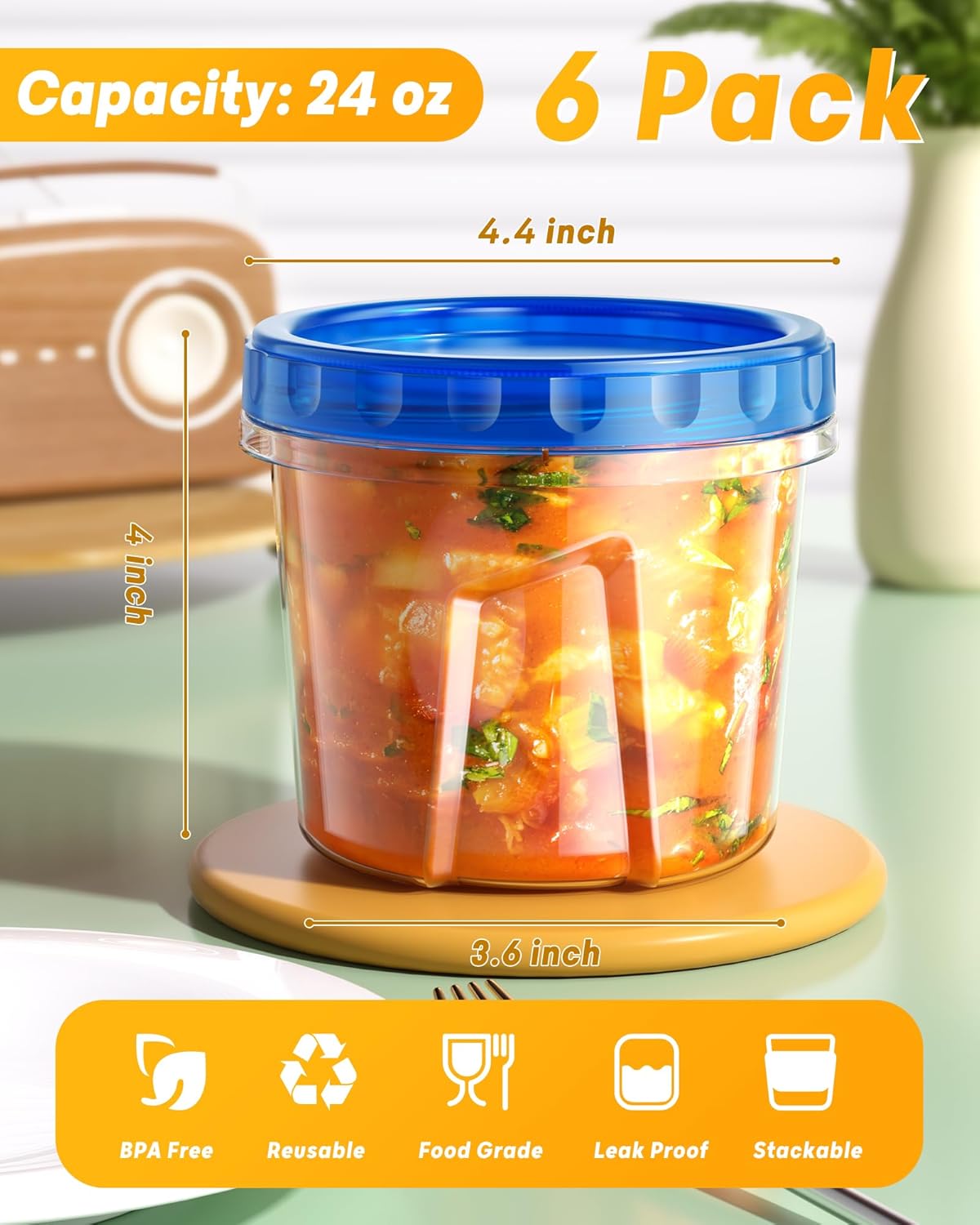 BiuLeon 6 Pack-24 oz Freezer Storage Containers, Plastic Food Storage Containers with Twist Top Lids, BPA Free and Reusable Soup Containers with Lids, Leakproof/Microwave/Dishwasher Safe