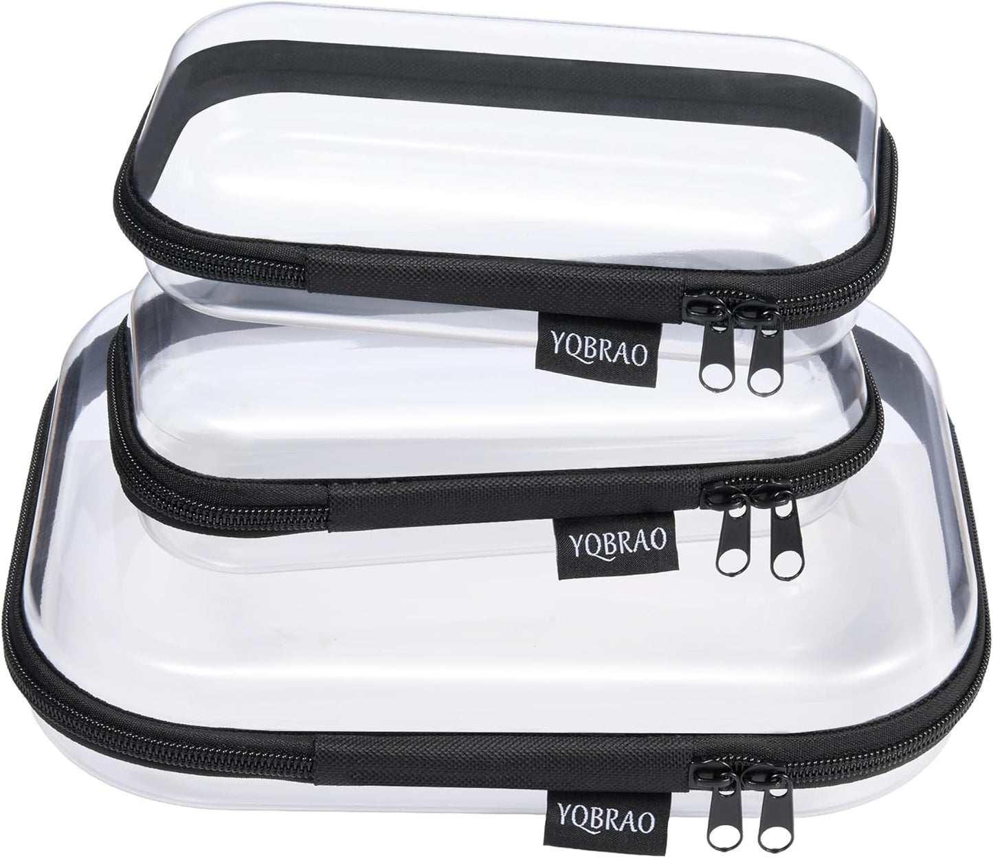 YQBRAO 3-Pack Clear Hard Shell Zipper Case Black, 1.2mm Heavy-Duty Crush-Proof Travel Makeup Bag, TSA Approved Clear Zipper Pouches, Rigid Toiletry & Diaper Bag Organizer for Tech, Toys & Art Supplies