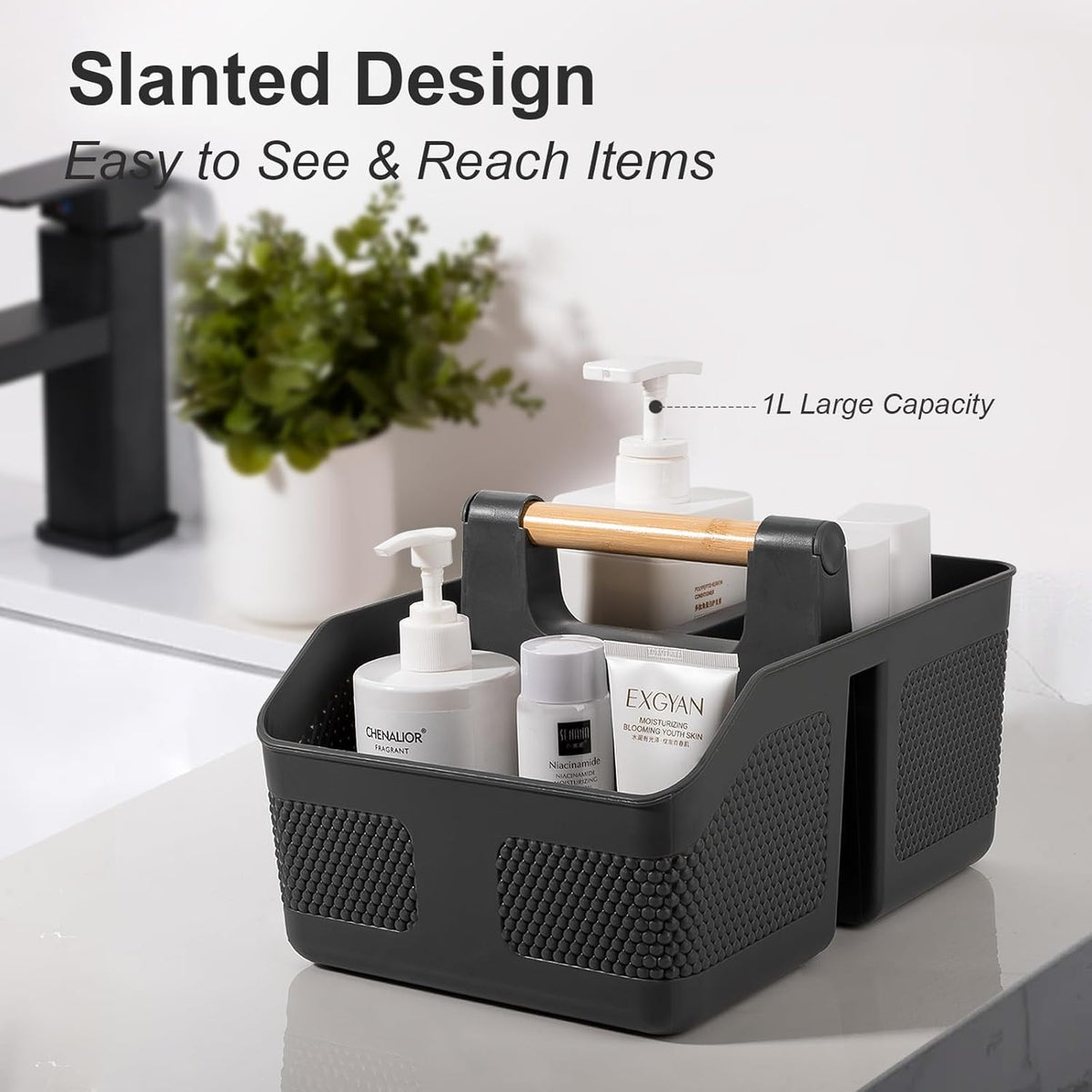 rejomiik Shower Caddy Portable with Bamboo Handle, Plastic Basket Cleaning Caddy Organizer Storage Tote for Bathroom, College, Dorm Room Essentials, Dark Gray