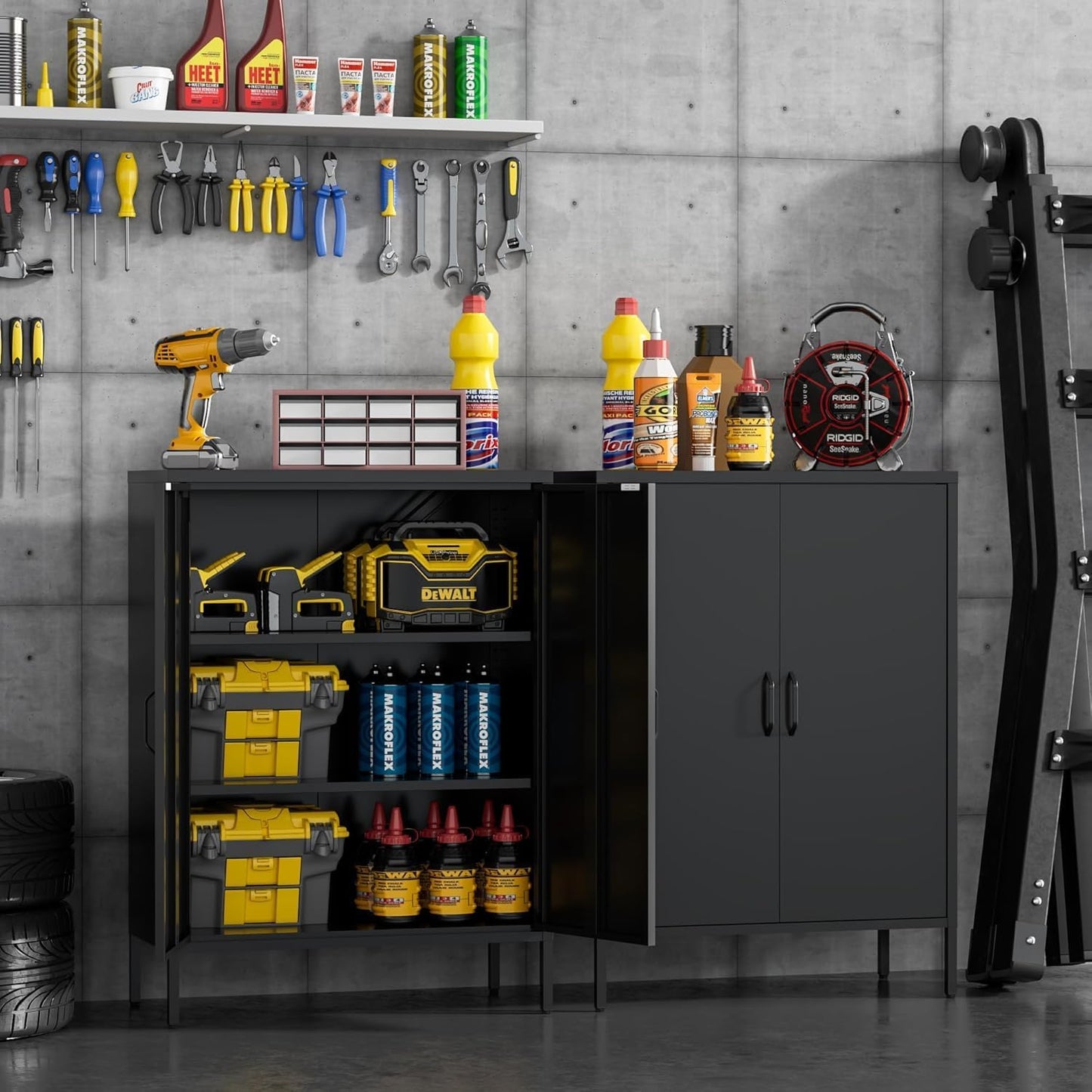 Metal Locker Storage Cabinet, Accent Sideboard Cabinet with Adjustable Shelves for Home Office, Garage, Kitchen, Living Room (Black, 40" H-Metal Doors)