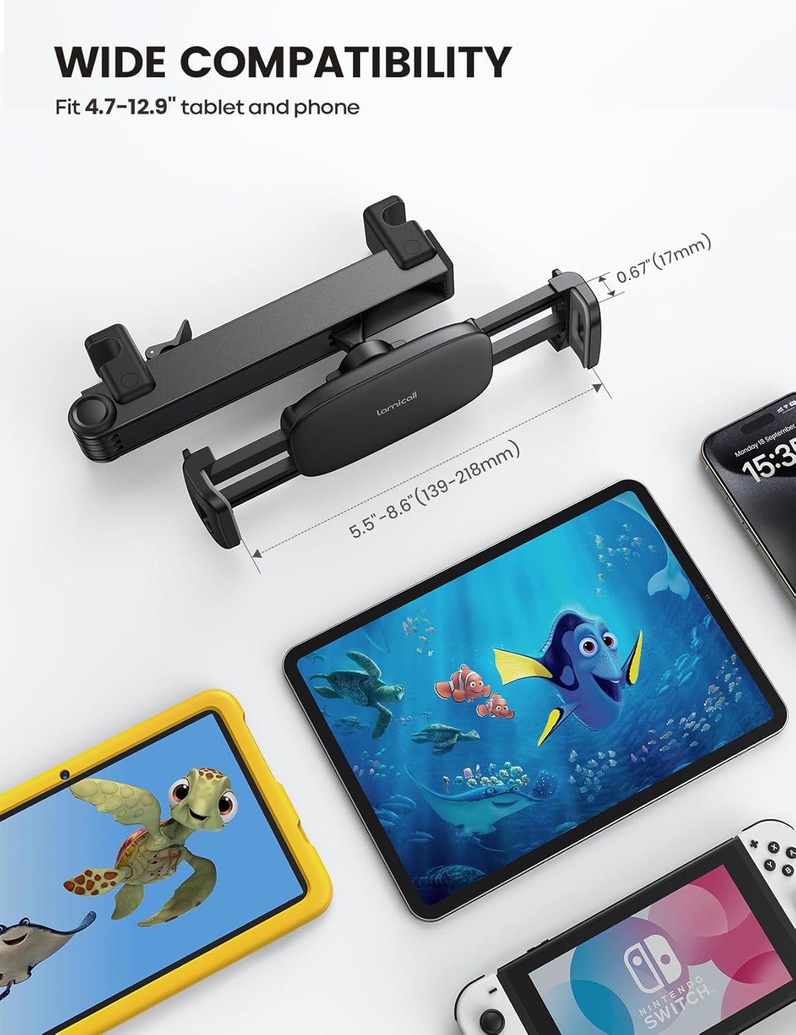 Lamicall Car Headrest Tablet Holder - [Lockable] [3 in 1 Extension Arm] Upgrade Tablet Mount for Car Backseat, Gifts Road Trip Essentials for Kids, for iPad Pro Air Mini, Fire HD, 4.7-13" Tablets