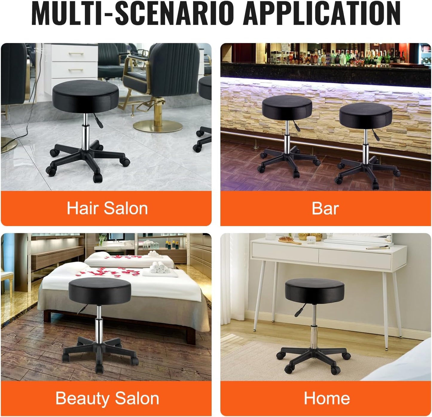 VEVOR Rolling Stools with Wheels, 400 LBS Weight Capacity Adjustable Height Stool with Ultra-Thick Seat Cushion, Swivel Stools Chair for Salon, Bar, Home, Office, Tatoo, Medical, Massage, Black