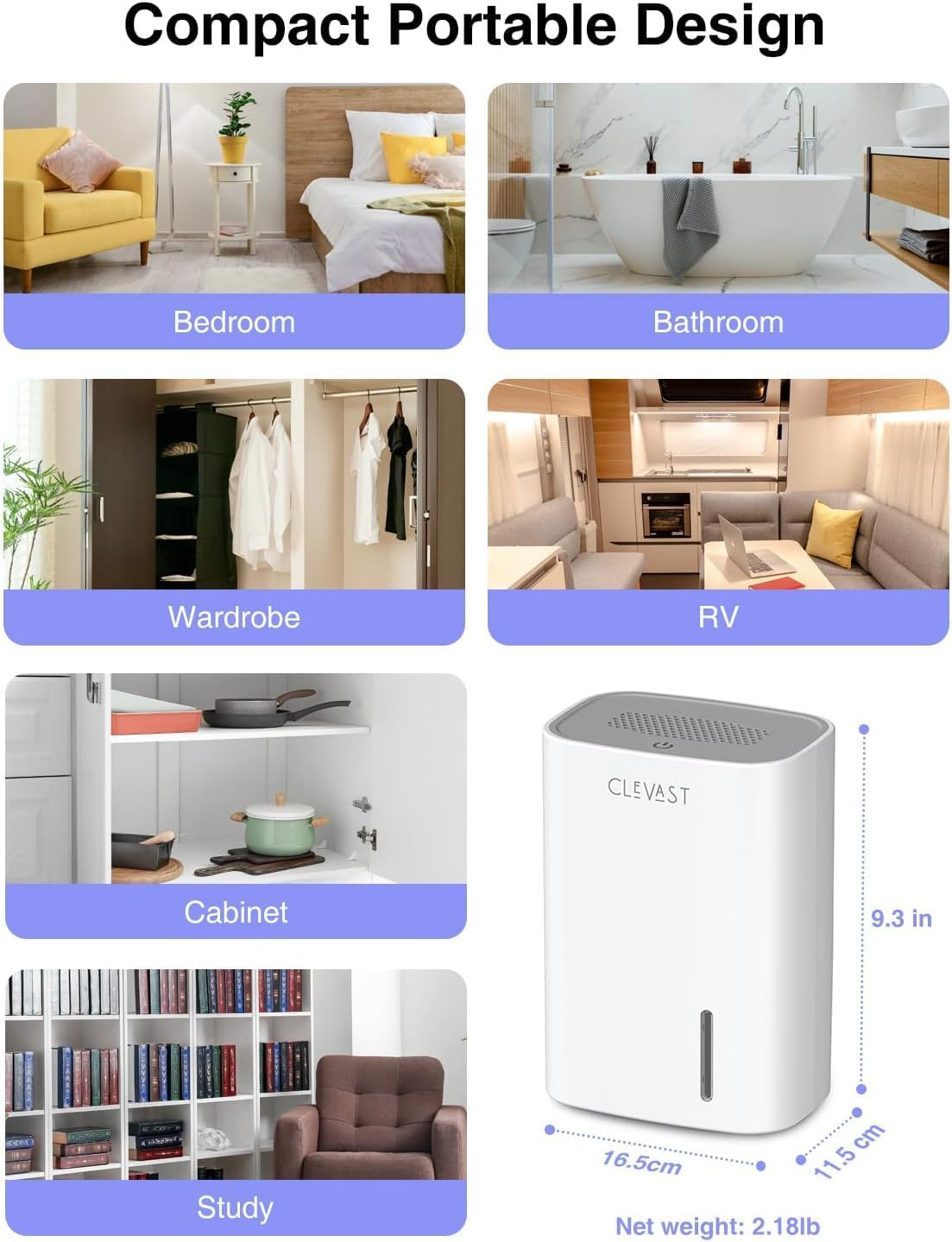 CLEVAST Small Dehumidifier for Home, 30oz Mini Quiet Dehumidifier for Bathroom Bedroom, Portable Compact Air Dehumidifier for Closet, RV, Camper