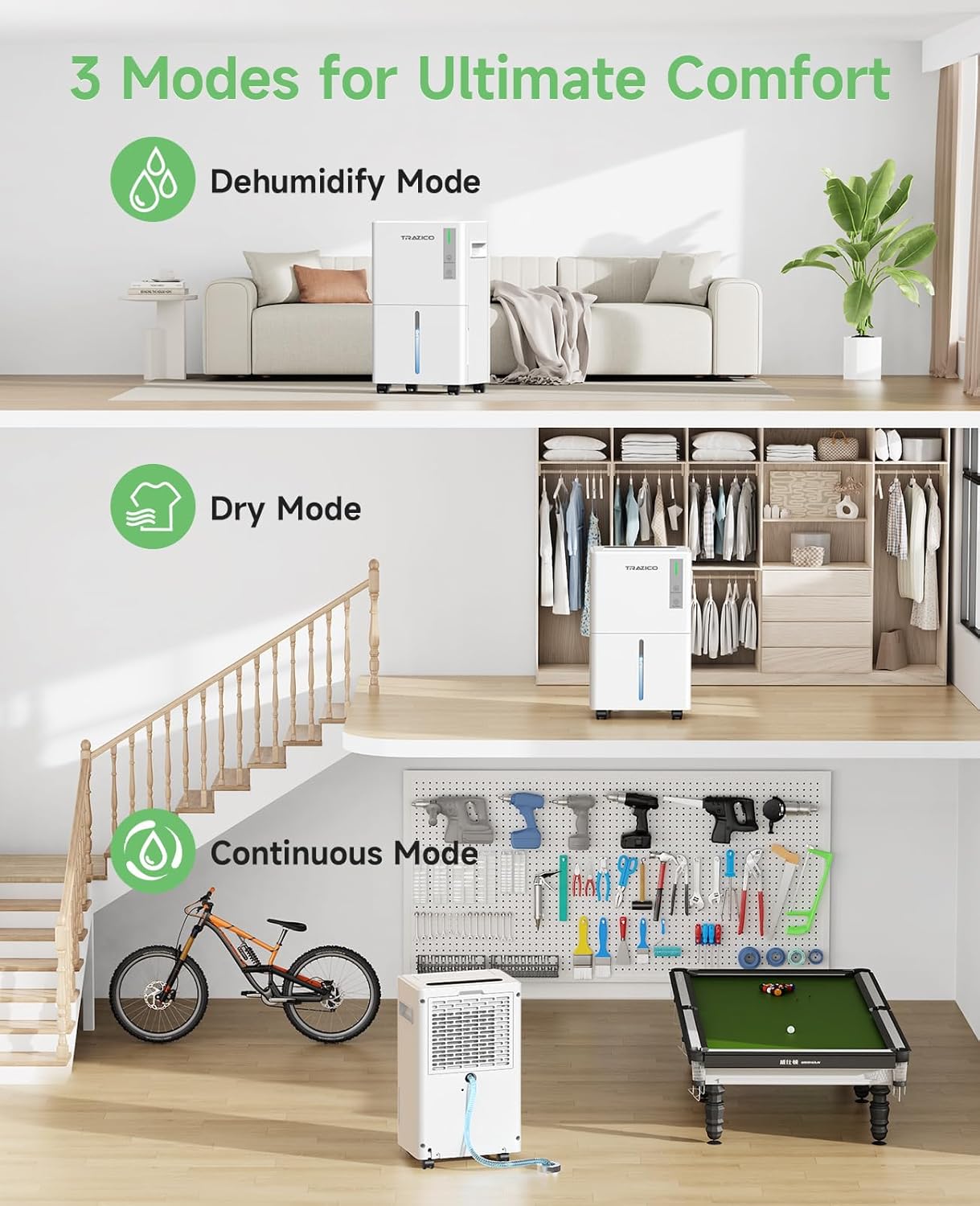 1500 Sq.ft Dehumidifier for Basement, Trazico Max 21 Pint/Day Dehumidifiers for Home, Large Room, Bedroom with Drain Hose, Quiet Smart Humidity Control, 3 Modes, 24H Timer, Auto Defrost