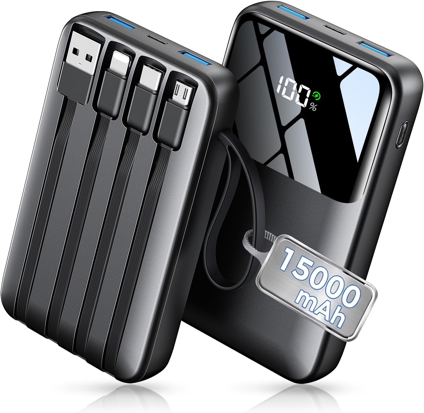 Power Bank, 15000mAh Portable Charger with Built in Cable, 22.5W Fast Charging, 6 Outputs, Slim Travel Essential Battery Pack with LED Display, Compatible with iPhone 17/16/15/14/13, iPad Black