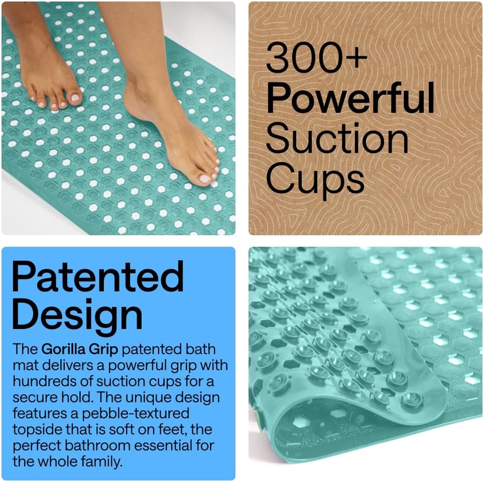 GORILLA GRIP Patented Bath Tub Shower Mat, Machine Washable Bathtub Floor Liner Mats, Suction Cups and Drain Holes to Keep Tubs Clean, Soft on Feet, Bathroom Essentials, 35x16 Inch, Turquoise Opaque