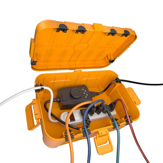 Flemoon Large Outdoor Electrical Box, Waterproof Extension Cord Cover | Inner Size 12 x 7.4 x 3.9Inch, 6 Cable Entry Ports, IP54 Weatherproof Connection Box for Outlet, Timer, Holiday Light, Orange