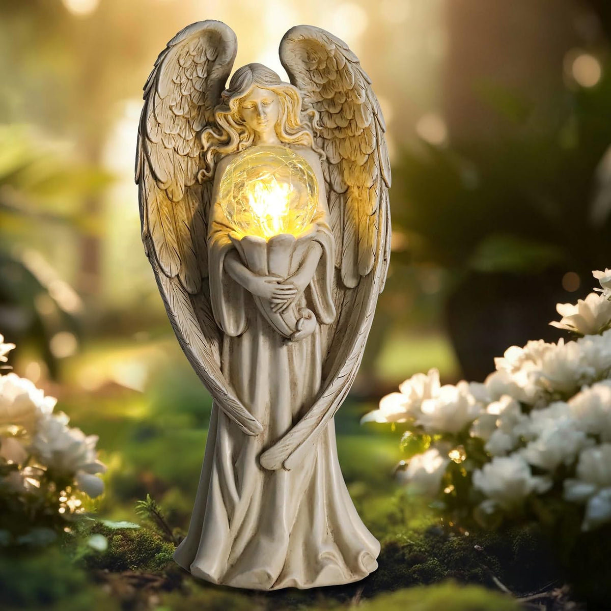 Garden Angels Outdoor Statue, Solar Angel with Crackled Glass Globe Outdoor