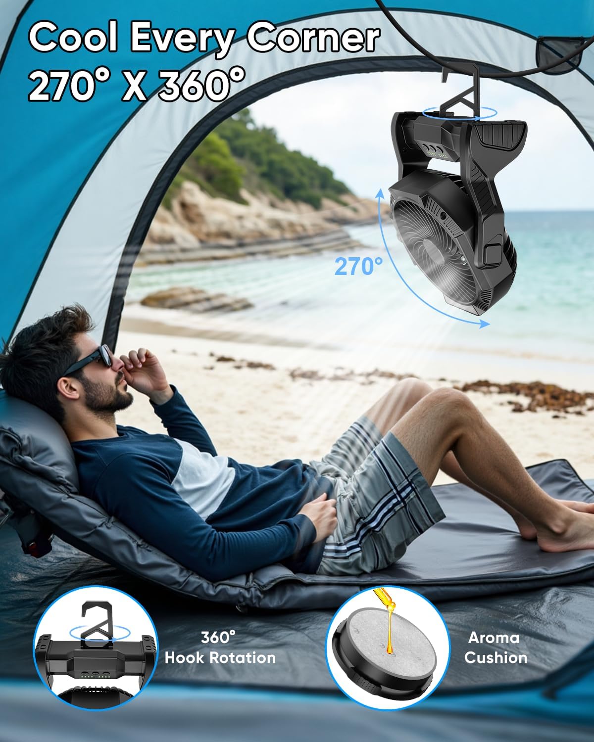 Portable Rechargeable Fan, 20000mAh Battery Powered Camping Fan with LED Light & Hook, 270° Adjustable, 4-Speed, 4H Timer Camping Essentials for Outdoor Tent Travel BBQ Car, Gifts for Men Dad