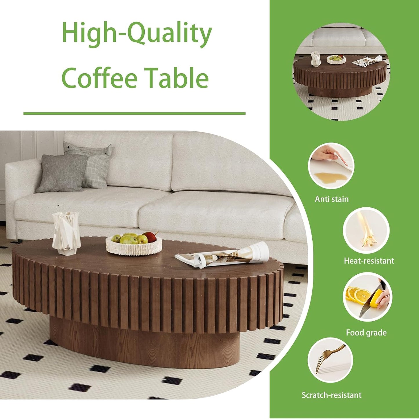 Handmade Wood Oval Coffee Table (Walnut 43.3 in) | Contemporary Style for Living Room, Pedestal Design & Easy Assembly