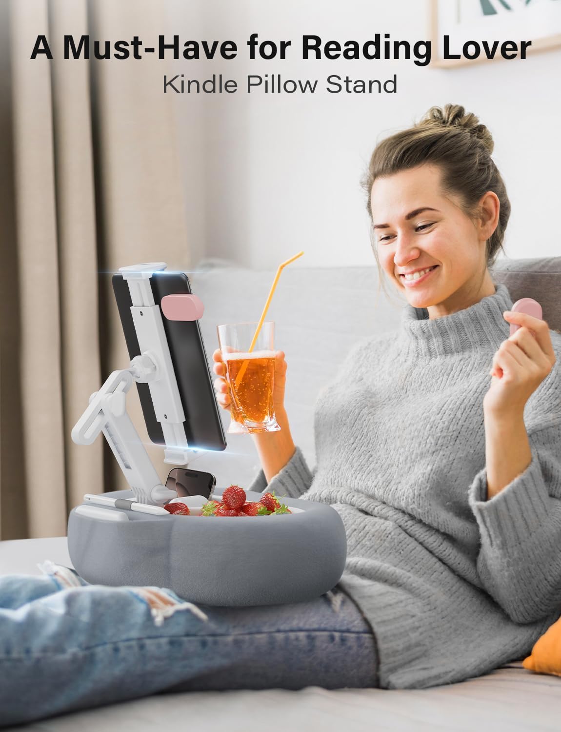 TAZENI Tablet Kindle Pillow Stand Holder with 2 Trays Fit 4''-13'' Phone/Tablet/Kindle iPad Holder Stand for Bed with Soft Plus Fabric Reading Accessories Gift for Reading, Gray