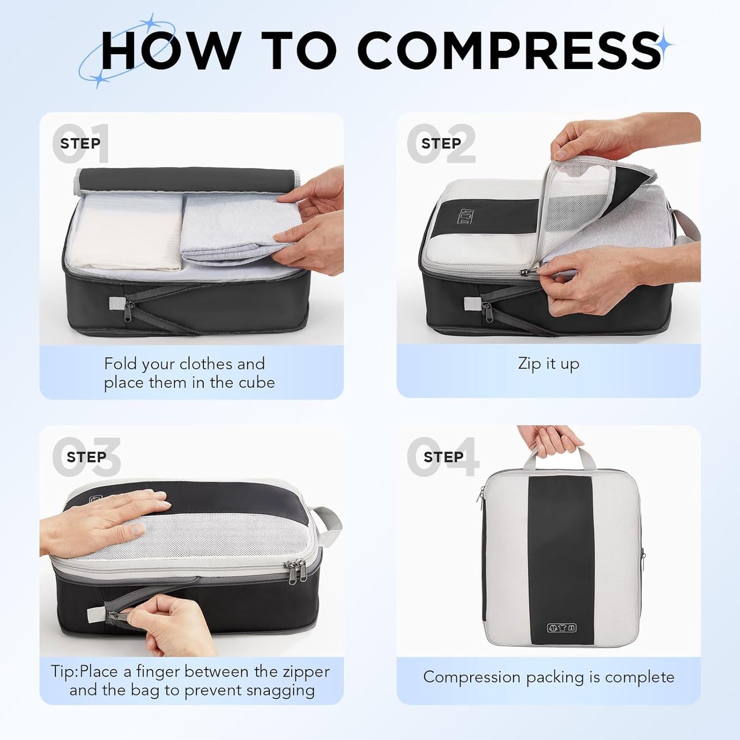 4 Set Compression Packing Cubes for Travel Essentials,Compressible Expandable Packing Cubes for Suitcase,OlarHike Luggage Garment Bags for Travel,Handy Helper for Organizing Clothes(Black)
