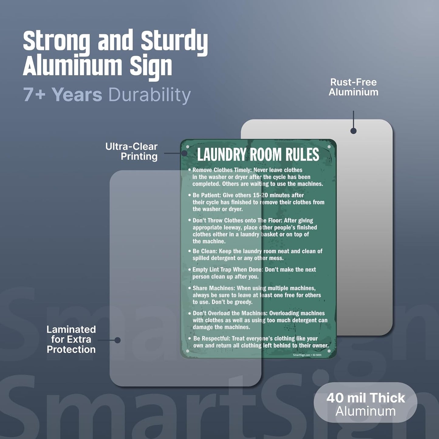 SmartSign Vintage 'Laundry Room Rules - Remove Clothes, Be Clean' Metal Laundry Sign, 14" x 10", 40 mil Laminated Aluminum, Home/Farmhouse/Laundromat Wall Décor, White/Rustic Green, USA-Made