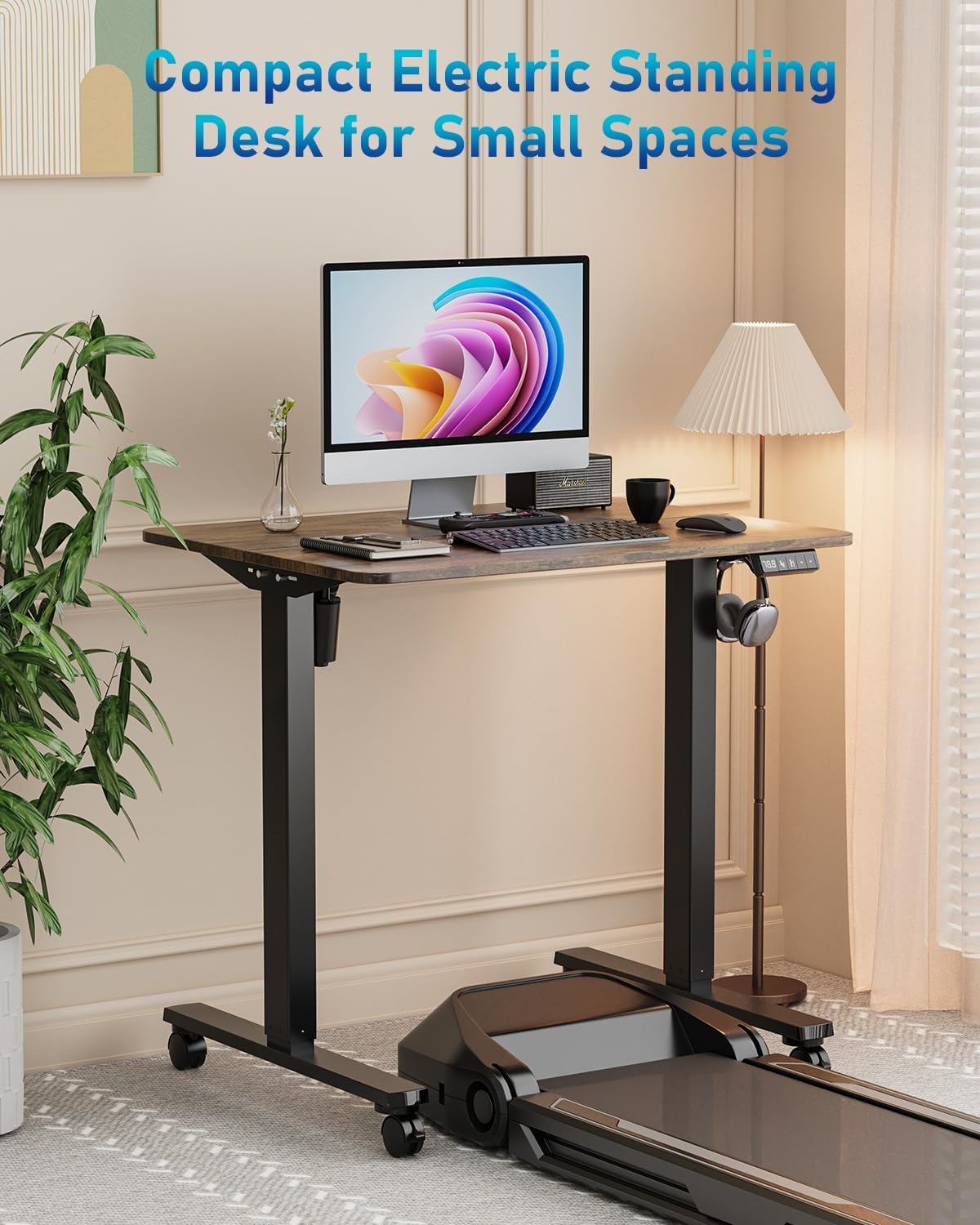 32" Small Electric Rolling Standing Desk Adjustable Height, Mobile Sit Stand up Desk with Lockable Casters for Home Office & Computer Workstation, Splice Board, 2 Hooks, Black Frame/Rustic Brown Top