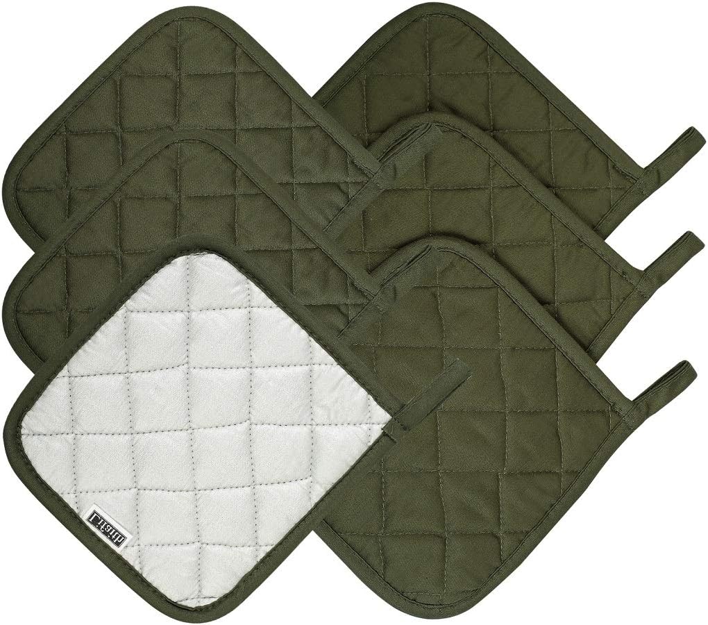 100% Cotton Potholders Kitchen Everyday Basic Terry Pot Holder Heat Resistant Large Coaster Hot Pads Kit Trivets Set for Cooking and Baking Set of 6 Olive Green