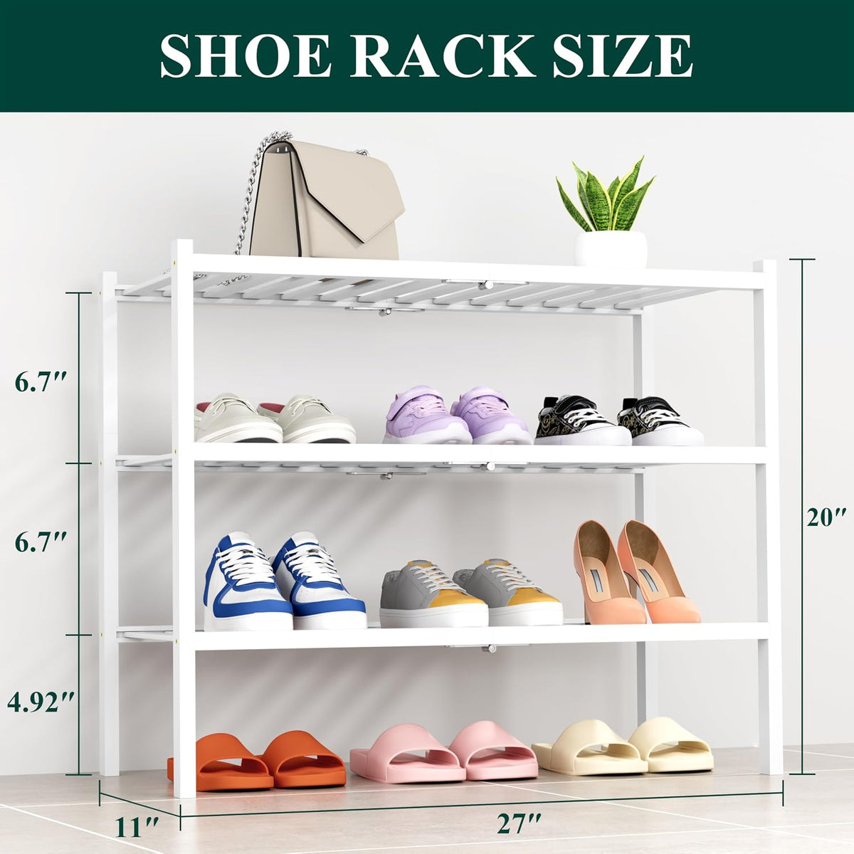 Smiry Bamboo Shoe Rack, 14 Vertical Slats, 3 Tier - 26.8" Wide, White