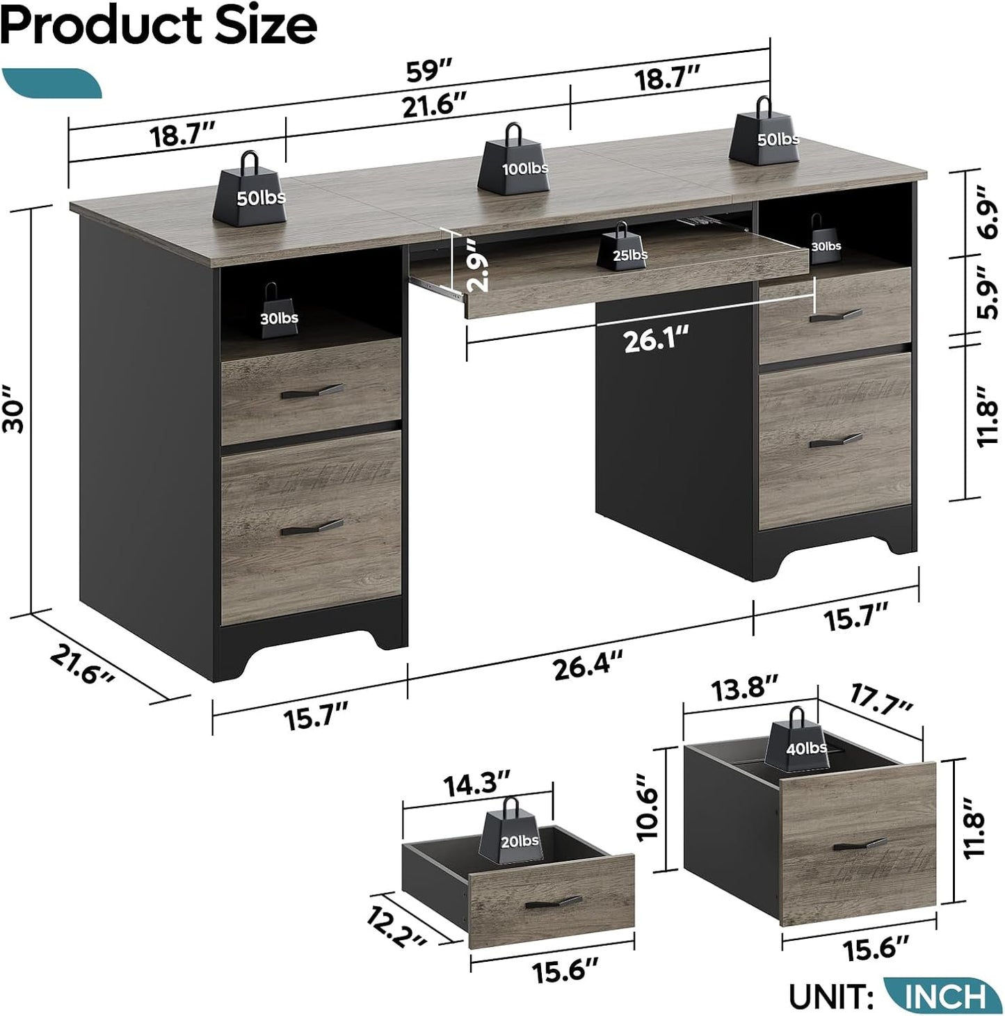 Bestier 59 Inch Office Desk with 4 Drawers, Computer Desk with Storage, Executive Desk with File Drawer, Keyboard Tray & 2 Pedestals on Both Sides for Home Office, Studio, Grey&Black