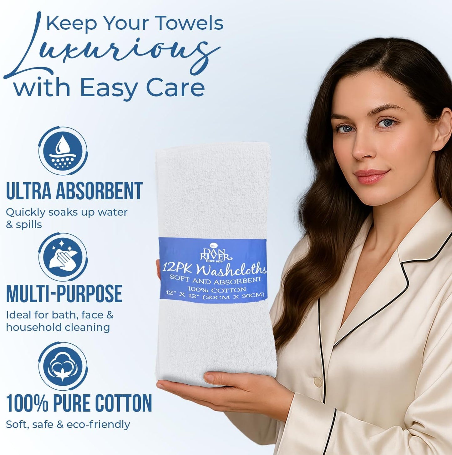 DAN RIVER 24 Pack Wash Cloths for Showering [12x12] - 100% Cotton Washcloths Premium Quality Flannel Face Cloths for Bathroom, Highly Absorbent and Soft Feel Wash Clothes, White