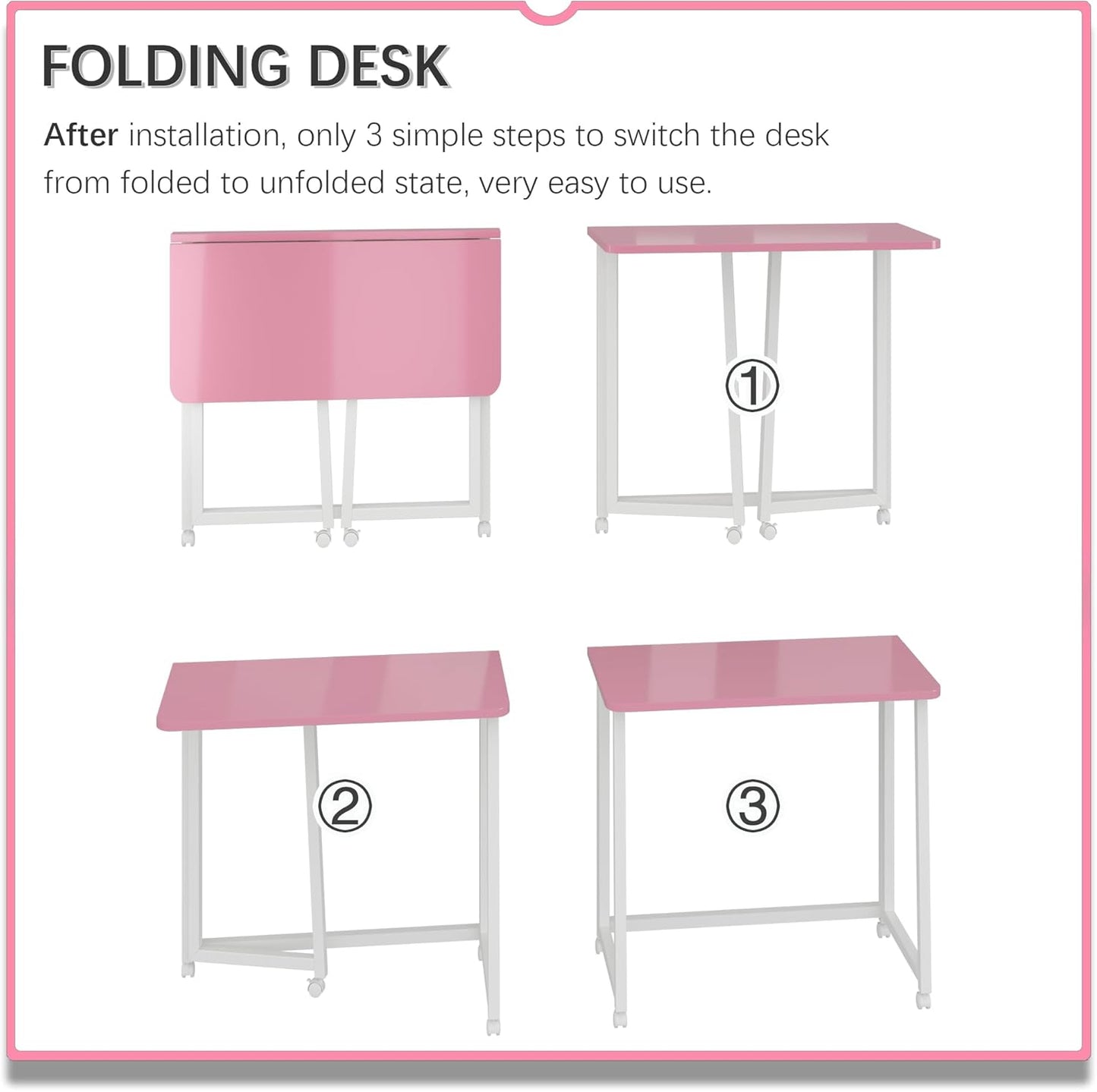 4NM 23.6" Mobile Small Folding Desk, Foldable Rolling Computer Home Office Desk, Study Writing Table for Small Space Saving Bedroom, with Wheels - Pink and White