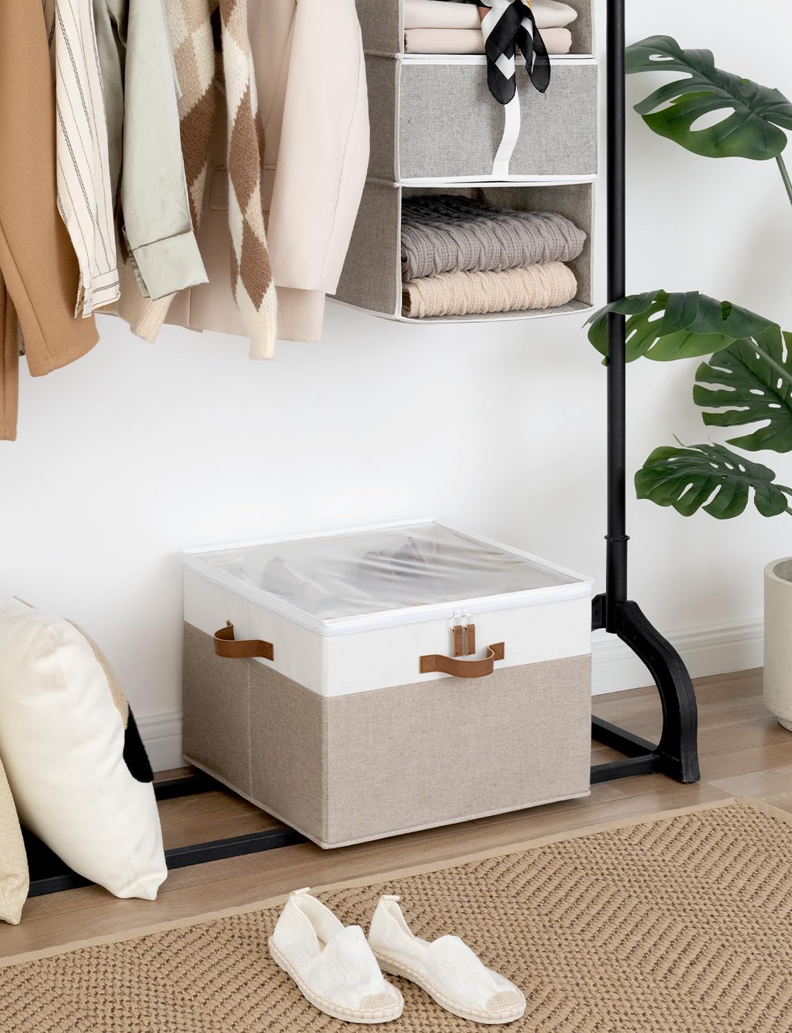 StorageWorks 16-Pair Fabric Shoe Storage Box for Closet, Brown and White