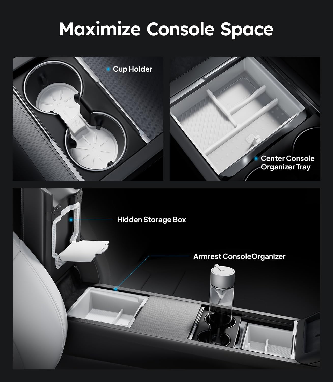 Wigoo Center Console Organizer for Tesla Model Y Juniper (Only Premium & Performance 2025 2026) and All Model 3 Highland Accessories [Double-Layer Storage, Smooth Sliding] 4PCS White