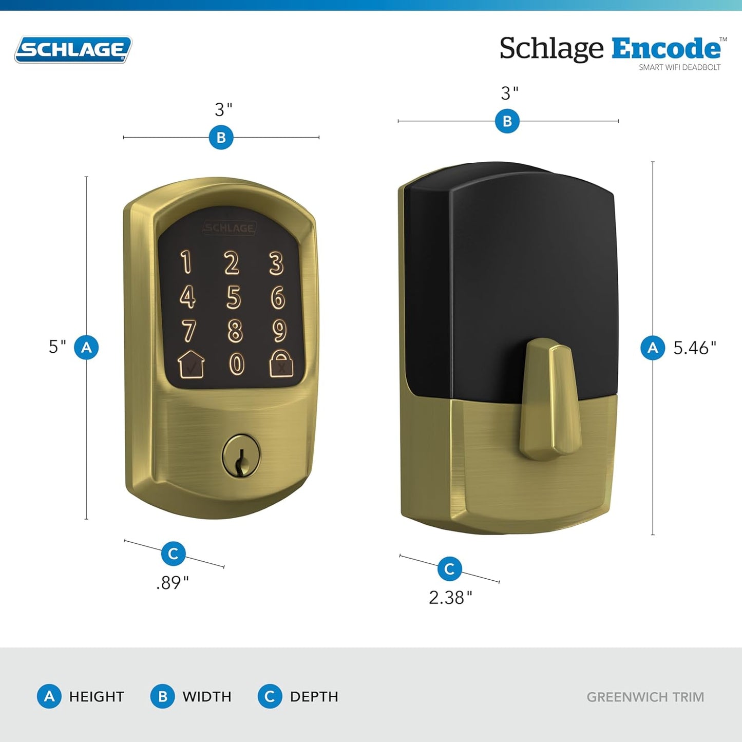 Schlage Encode Smart Wi-Fi Deadbolt Lock with Touchscreen Keypad, Keyless Front Door Entry, App Control, Alexa, Google Home and Airbnb Compatible, Satin Brass, BE489WB GRW 608