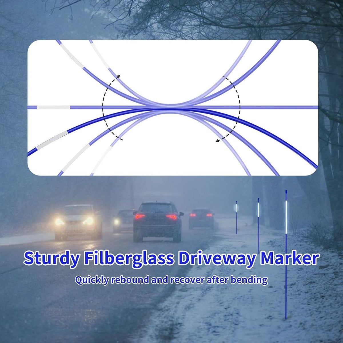 Growsun Driveway Marker 48 inch Blue Fiberglass 5/16 inch Dia Snow Fence Reflective Plow Stakes for Yard Walkways Parking Lots Safety Rods Edge, 50 Pack