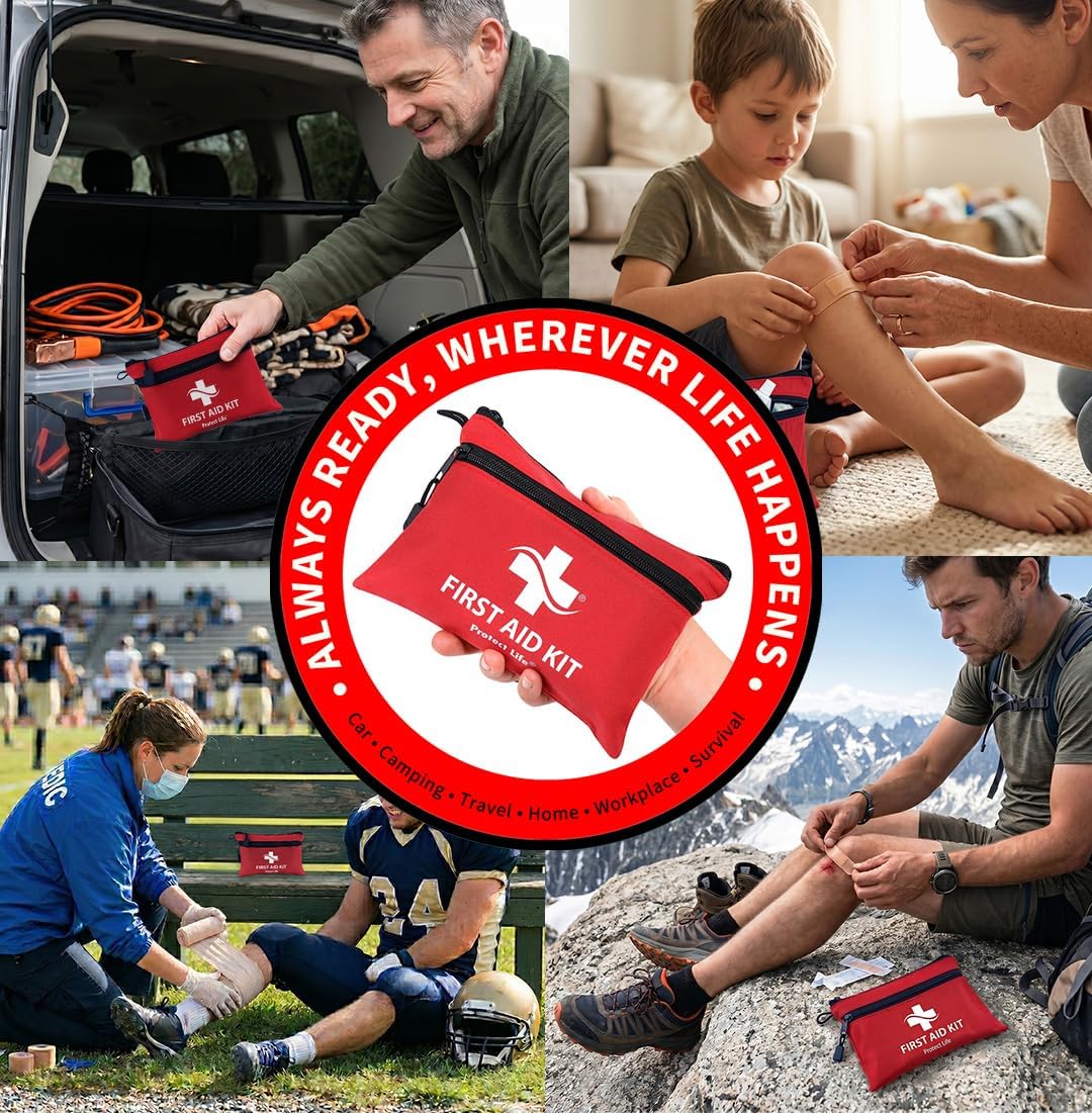 Protect Life Doctor Developed Mini First Aid Kit, 100 Piece Waterproof Emergency Kit for Car, Boat, Camping & Travel, Includes Emergency Blanket, Tourniquet & First Aid Guide
