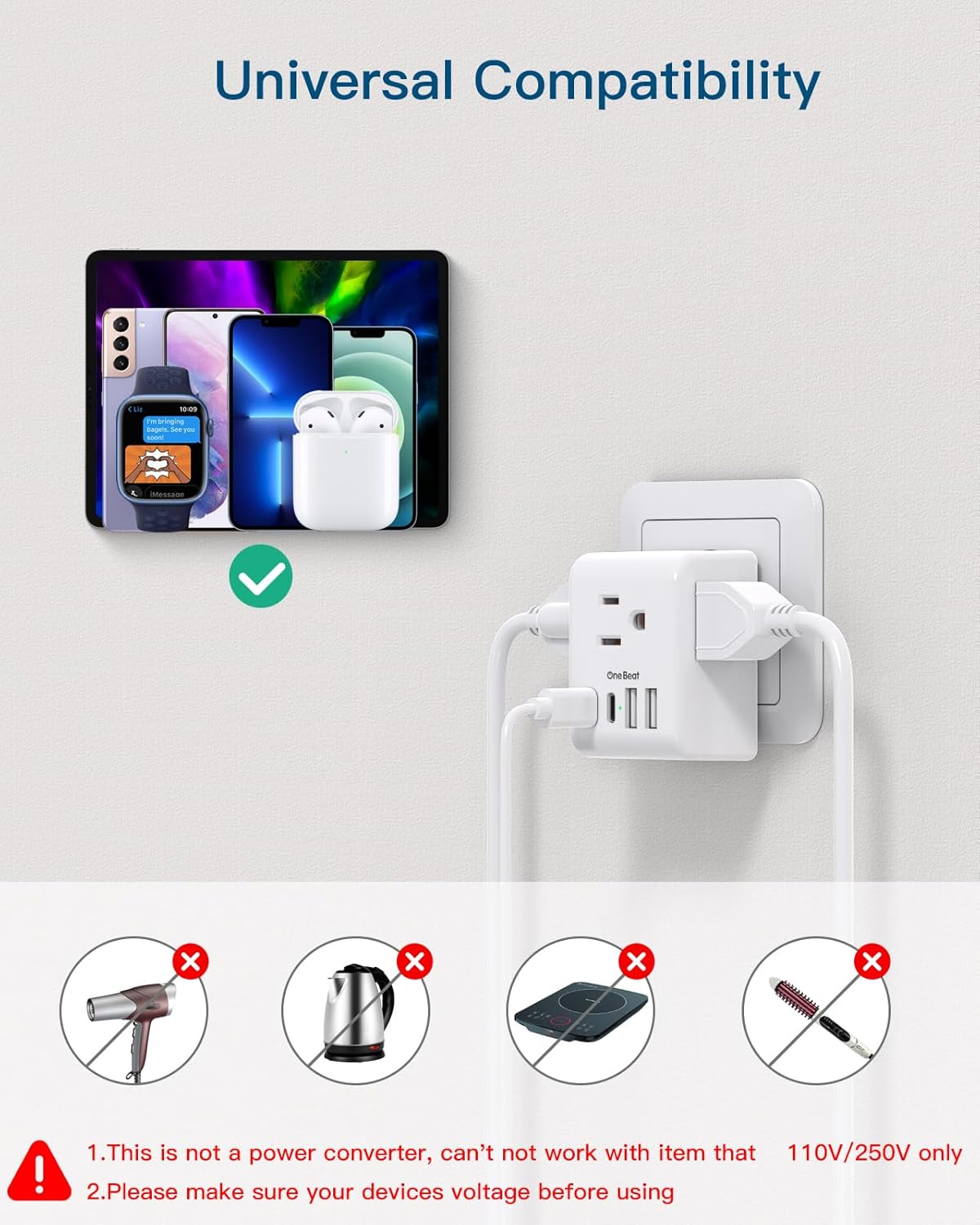 2 Pack European Travel Plug Adapter, International Power Plug Adapter with 3 Outlets 4 USB Charging Ports(2 USB C), Type C Plug Adapter Travel Essentials to Most Europe EU Spain Italy France Germany