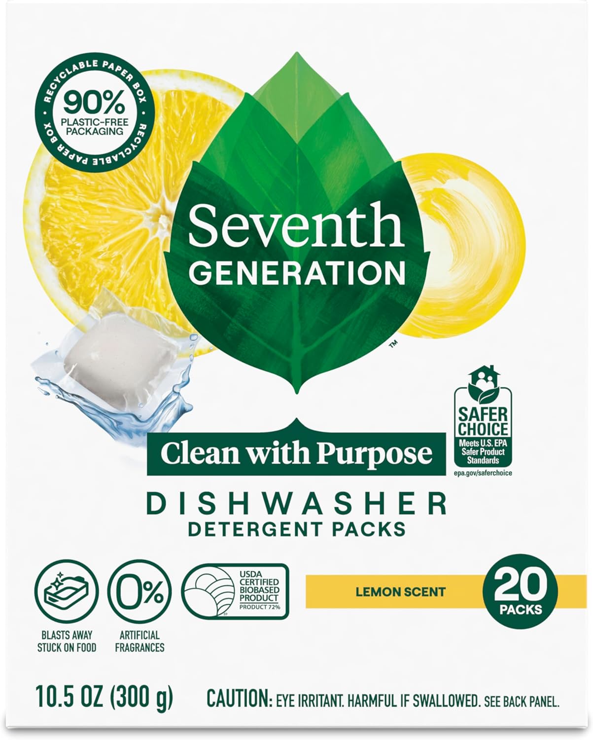 Seventh Generation Dishwasher Detergent Packs, Free & Clear, 72 Count, Pack of 1, Plant Powered Cleaning, Fights Greasy Reside & Stuck-On Food For Sparkling Dishes, Fragrance-Free & Septic Safe