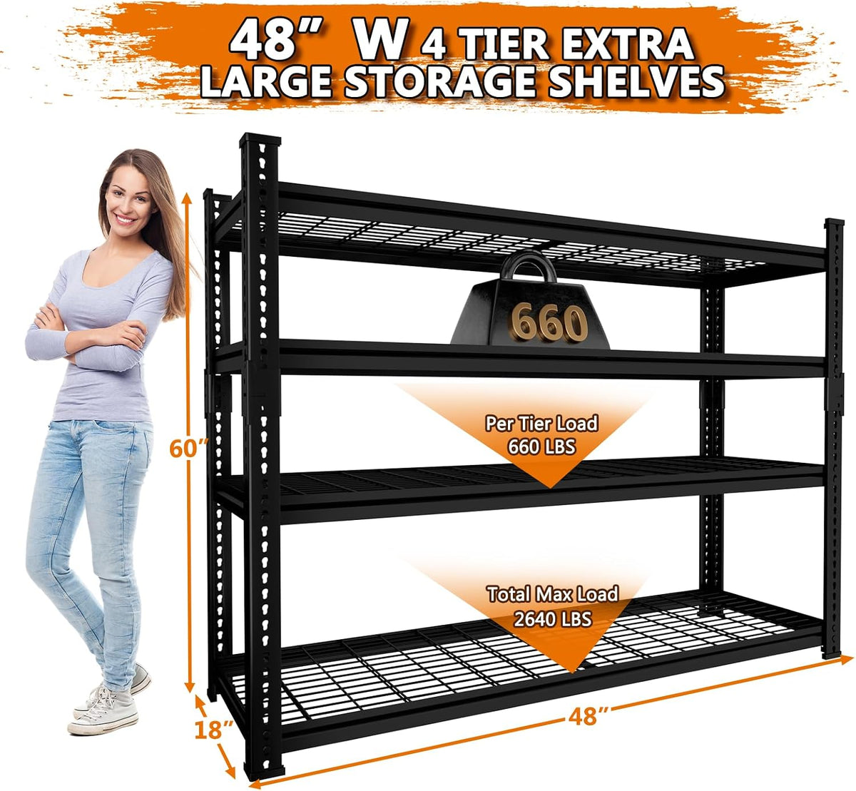 Storage Shelves Heavy Duty 2 PCS, 48"W x 18"D x 60"H Garage Wire Shelving Unit Loads 2640LBS, 4-tier Adjustable Metal Industrial Utility Shelf Rack for Kitchen, Laundry, Pantry, Warehouse, Basement