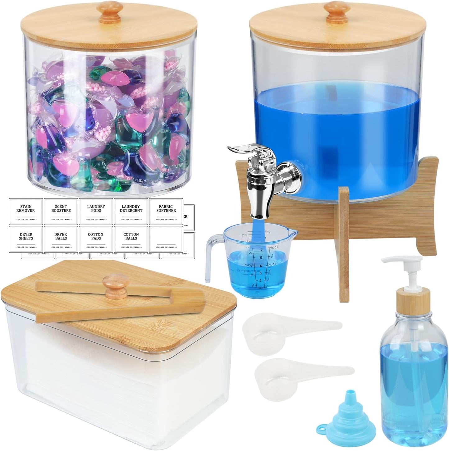 Laundry Room Organization Set 12, Laundry Pods Container & Dryer Sheet Holder with Lids & Labels, Liquid Laundry Detergent Dispenser, Fabric Softener Dispenser for Detergent Powder Dryer Balls Beads