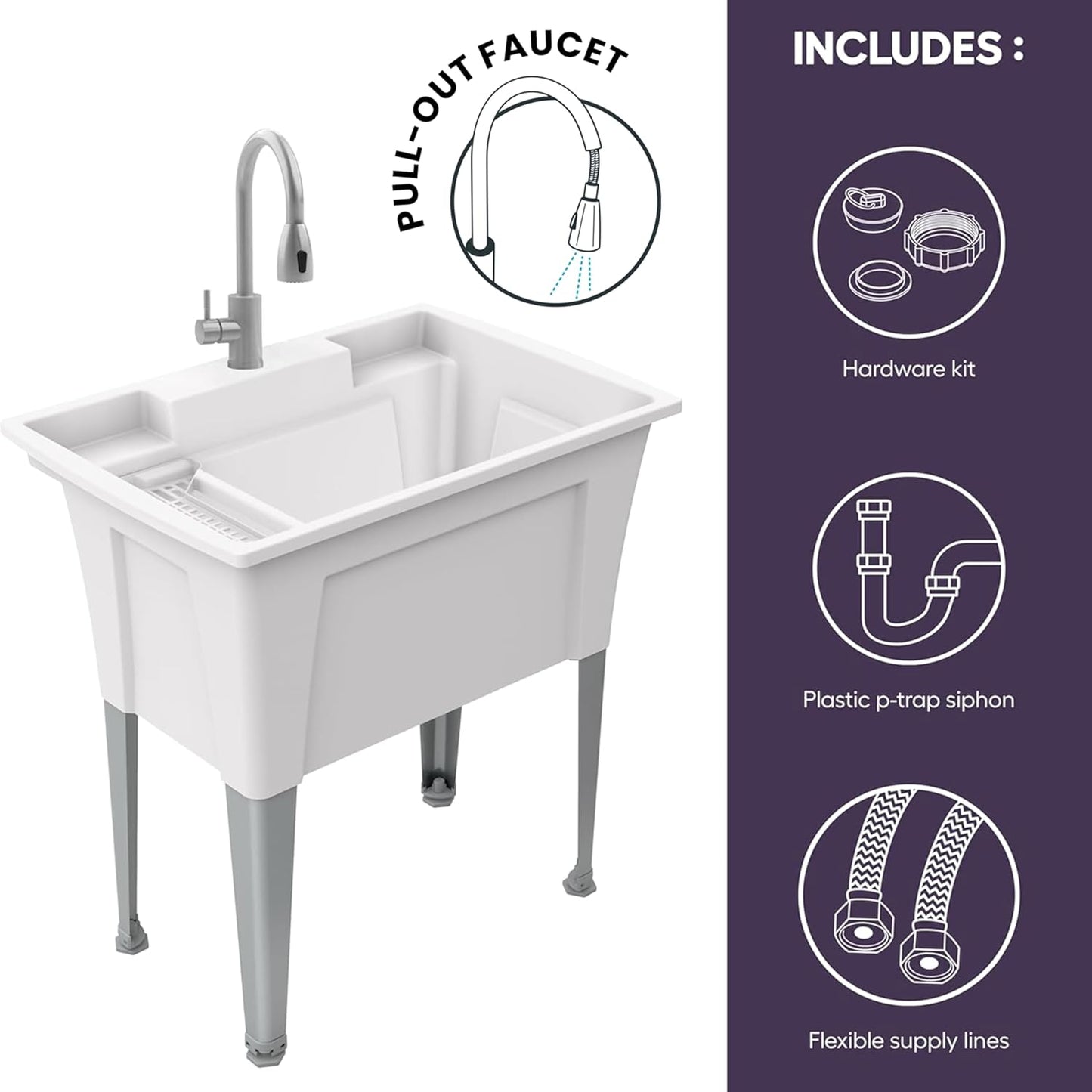 Freestanding Utility Sink with Gooseneck Faucet - 32" Plastic Utility Sink with Steel Legs for Garage, Laundry, Indoor and Oudoor Use - Laundry Tub Kit by Noah William Home - White (25.6 gal)