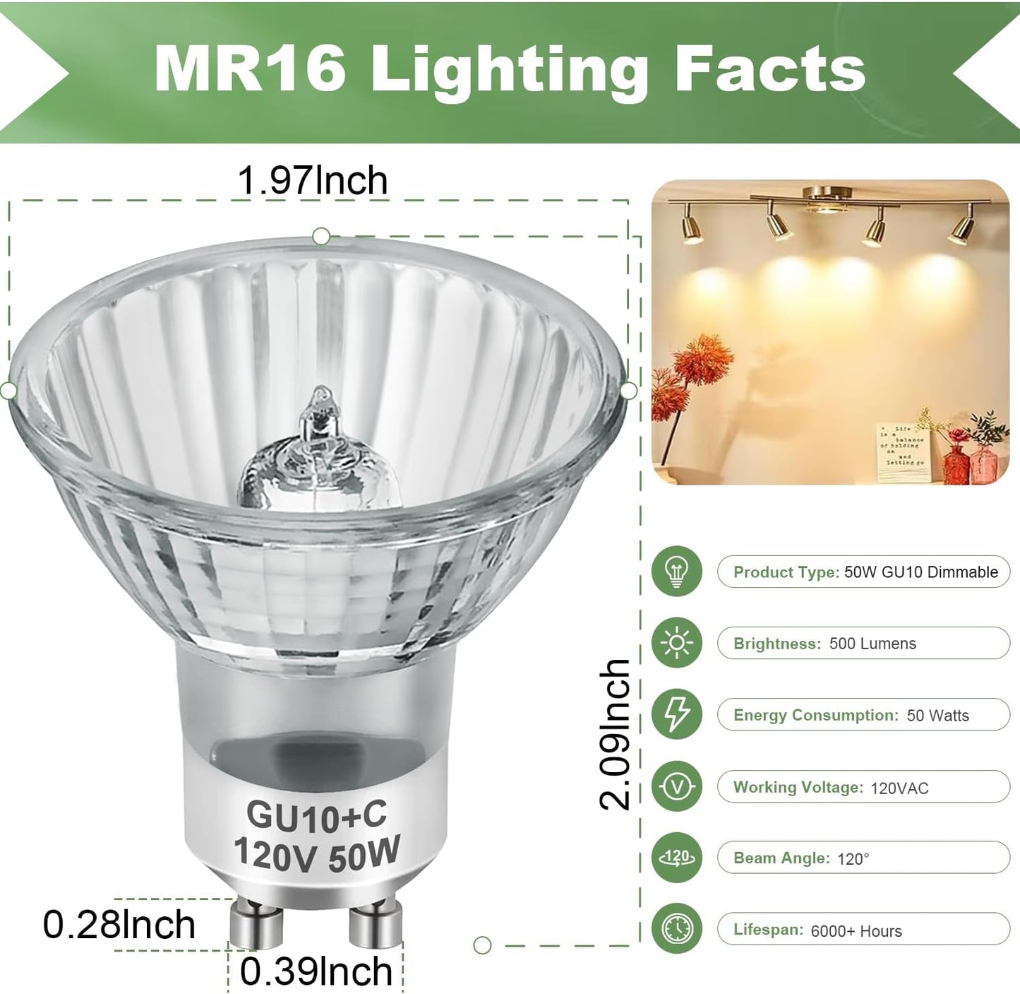 SerBion GU10 120V 50W Halogen Light Bulbs for Track and Range Hood, GU10+C Candle Warmer Lamp with Dimmable, 2700K Warm White, 6000+Hours Long-Lasting Pack of 6