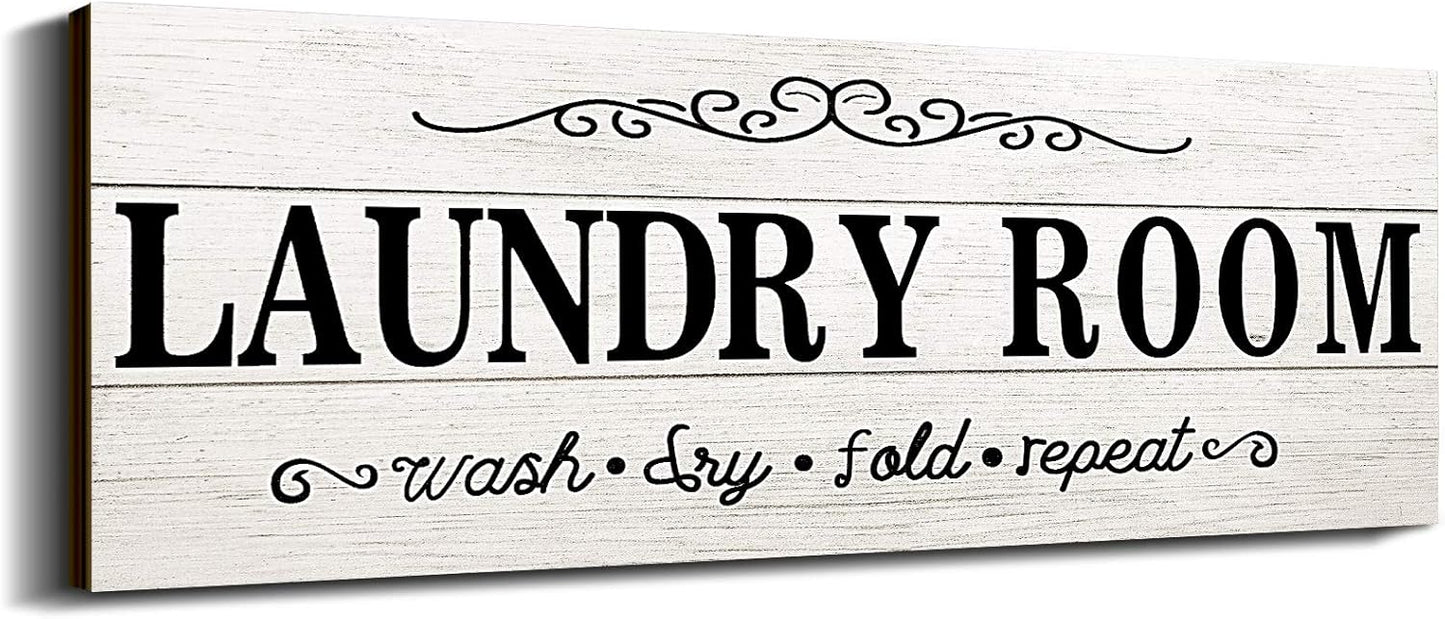 Laundry Room Decor Sign Wooden Rustic Farmhouse Family Laundry Room Wall Sign Wash Dry Fold Repeat Wall Decor Prints for Home, 16 x 6 Inches(White)