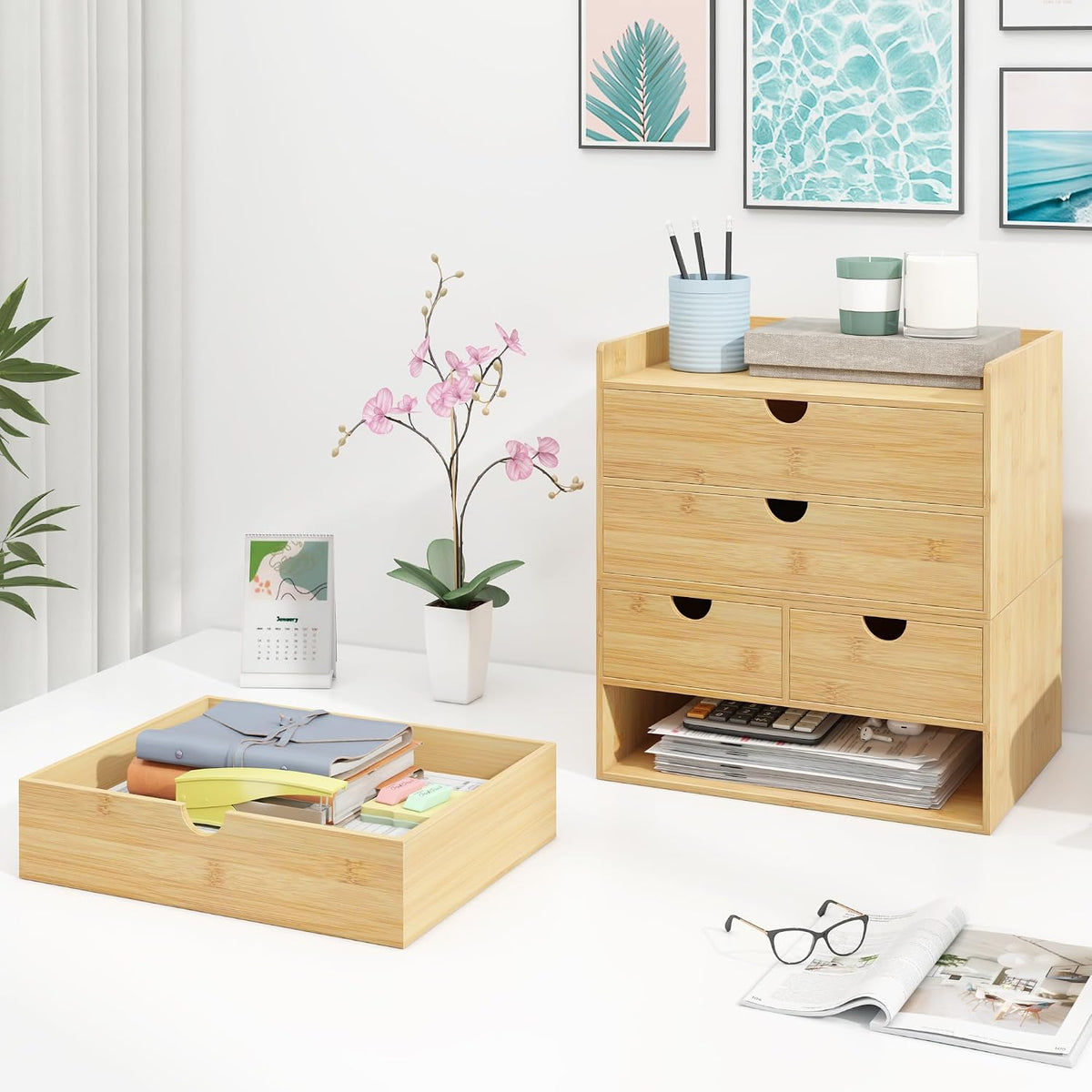 Bamboo Desk Drawer Organizer, Large Desktop Organizer with Drawers Tabletop Storage Organization Box for Office Home Toiletries Supplies Vanity, No Assembly Required (2 Drawer with Shelf)