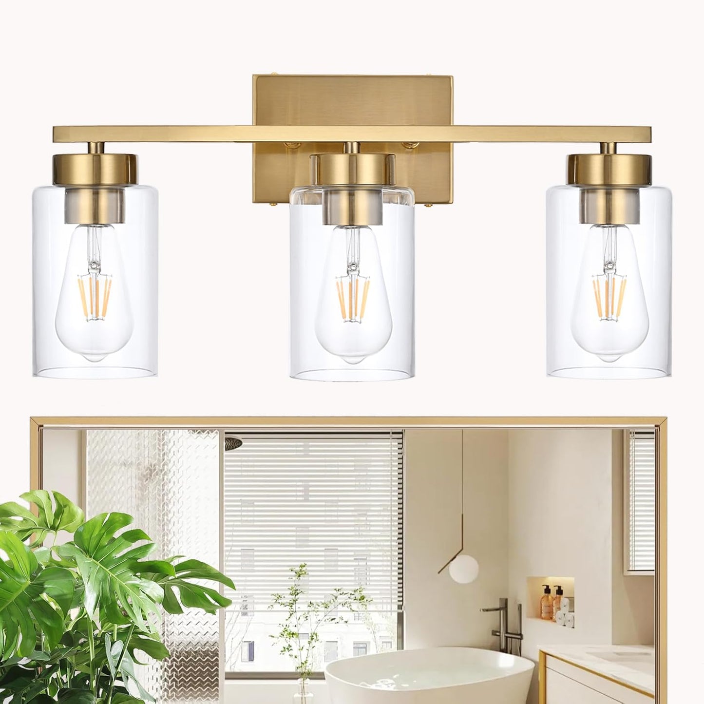 3-Light Bathroom Vanity Light, Modern Brushed Gold Wall Lights with Clear Glass Shades, Bathroom Wall Sconce Lamp for Mirror Living Room Bedroom Hallway