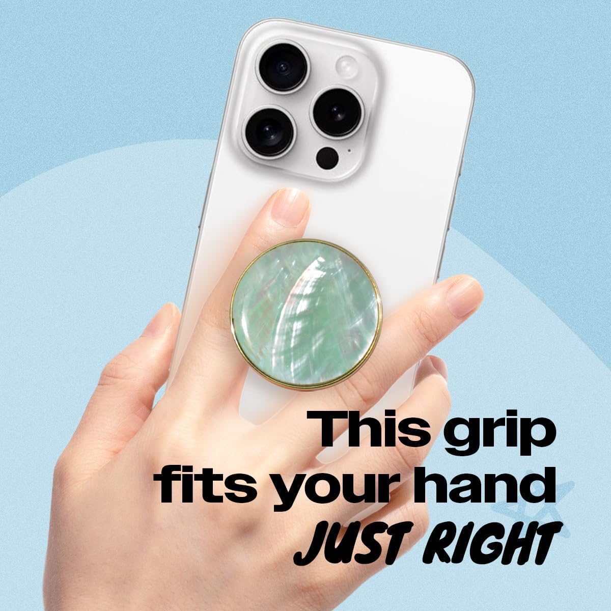 On The Grip Universal Phone Grip & Stand, Genuine Natural Gemstone/Seashell, Strong Adhesive Finger Holder, Collapsible Socket for iPhone, Samsung Galaxy, Kindle and Tablets (Aqua Blue)