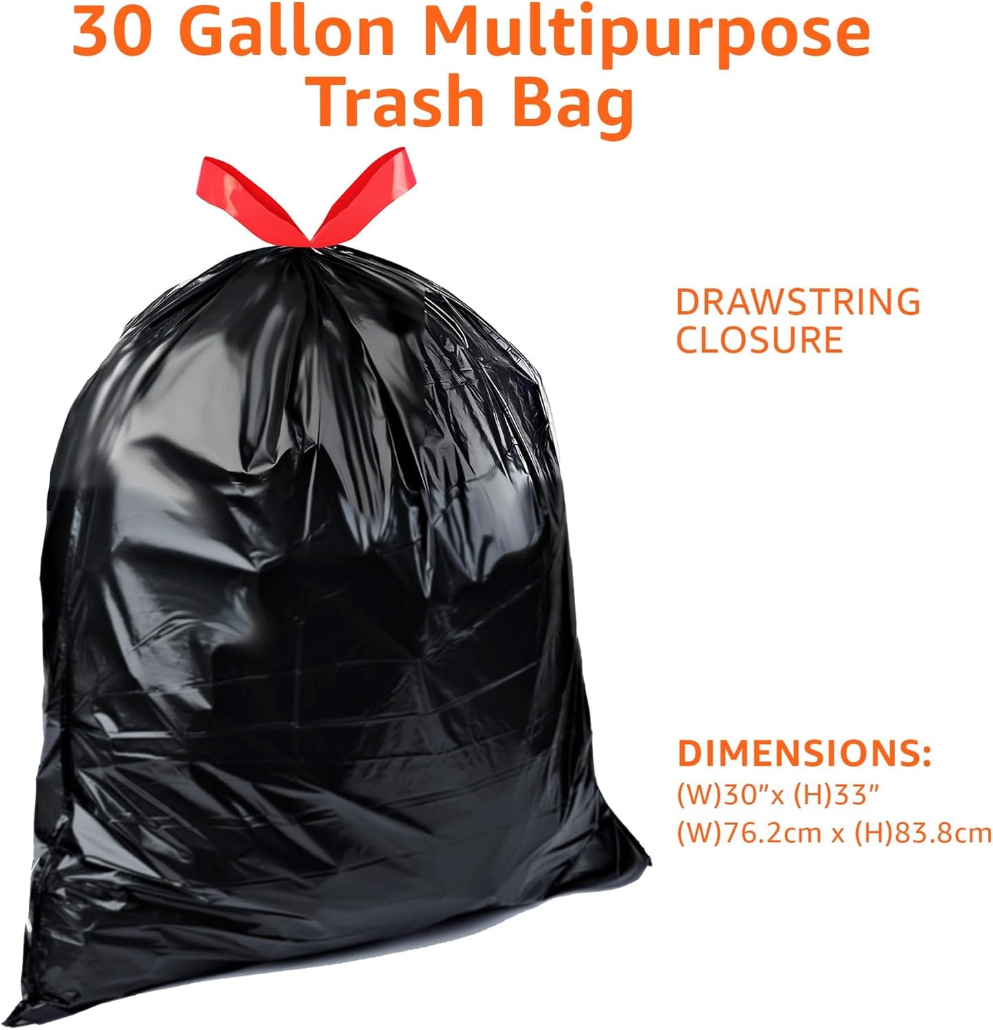 Amazon Basics Multipurpose Drawstring Trash Bags, 30 Gallon Capacity, Tear Resistant, 50 Count (Previously Solimo)