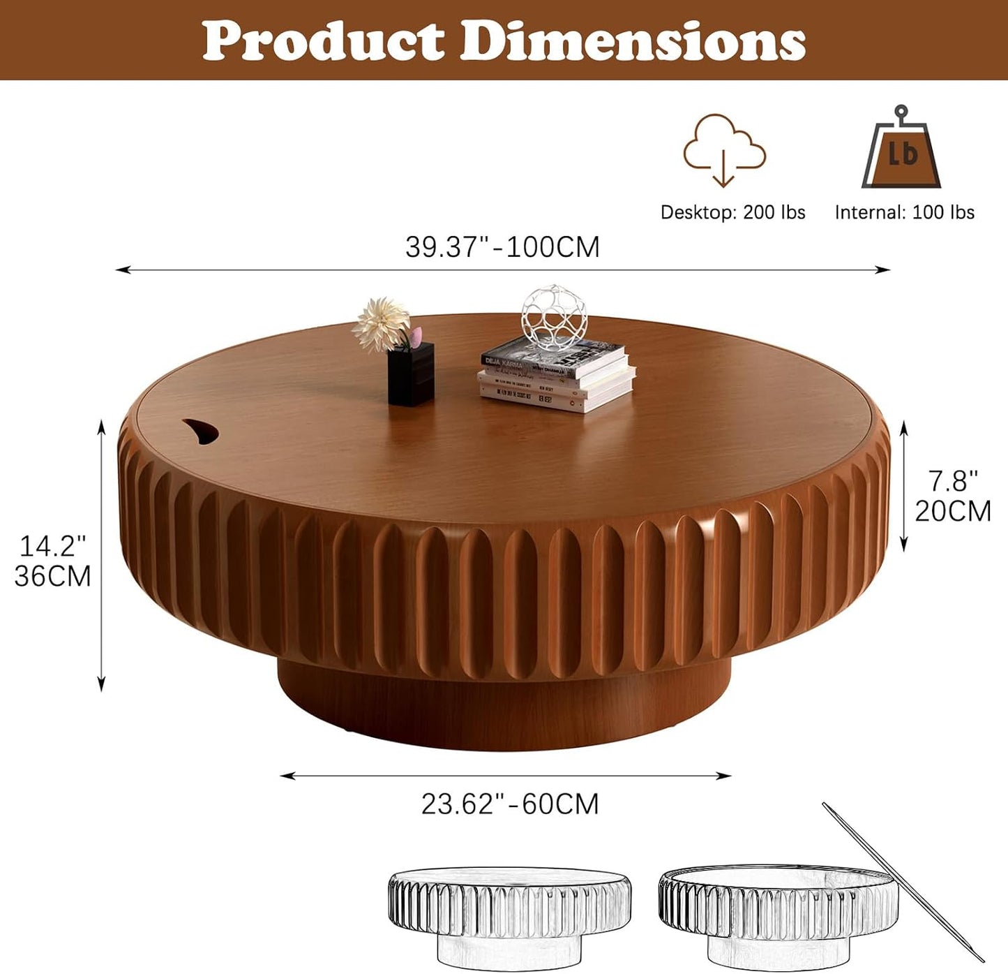 Round Coffee Table with Storage (Brown 39.37") | Handcraft Fluted Drum, Modern Circle Wooden Coffee Table, Cocktail Table for Living Room, Home Office Apartment