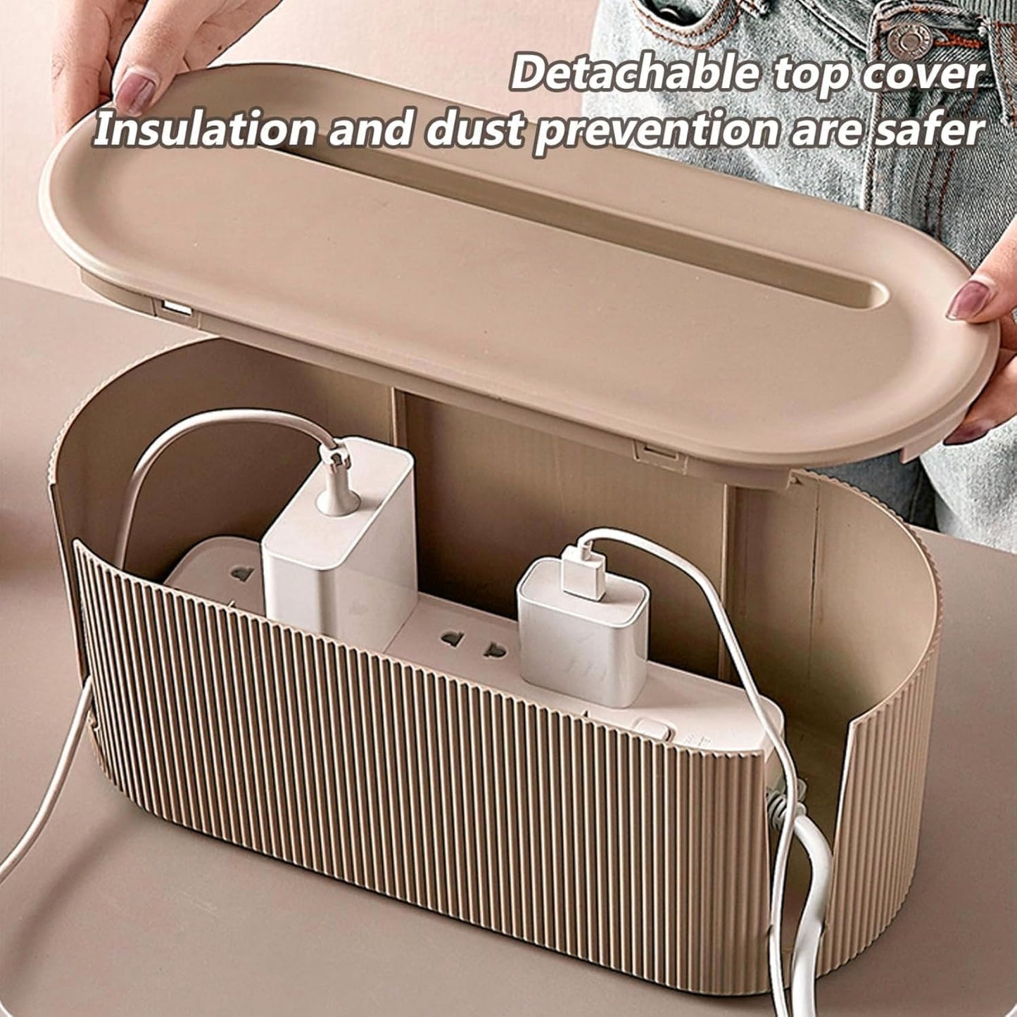 Cable Management Box,Desk Cord Organizer Box with Groove Cover,Plastic Cord Hider Box,Large Cable Box Organizer for Storaging Power Socket/TV/Computer/Router/Games Console Cable (Milk Tea)